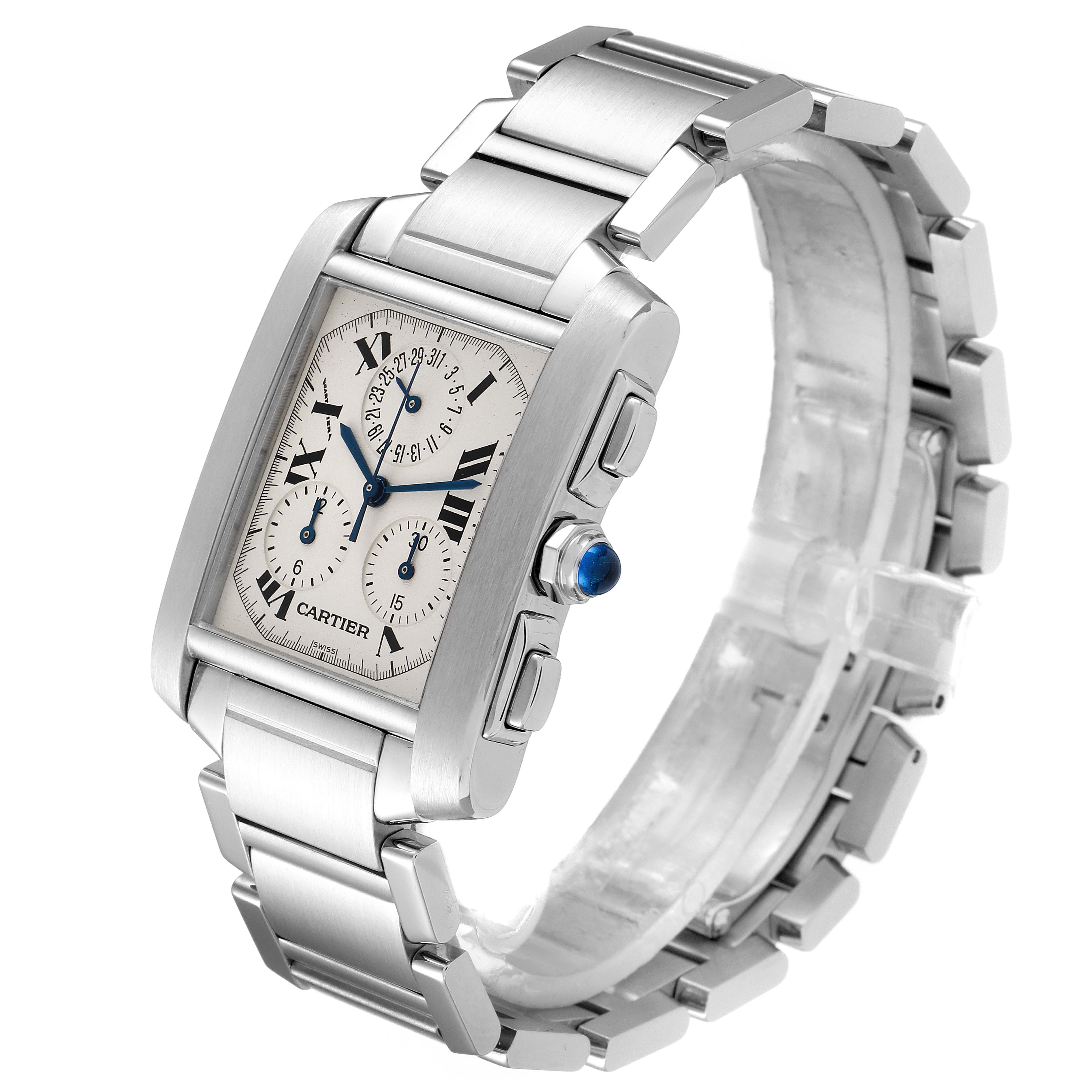 The image shows a Cartier Tank Francaise W51001Q3 Men's Stainless Steel Silver Dial W51001Q3 Men's Stainless Steel Silver Dial watch from an oblique angle highlighting the face, band, and side buttons.