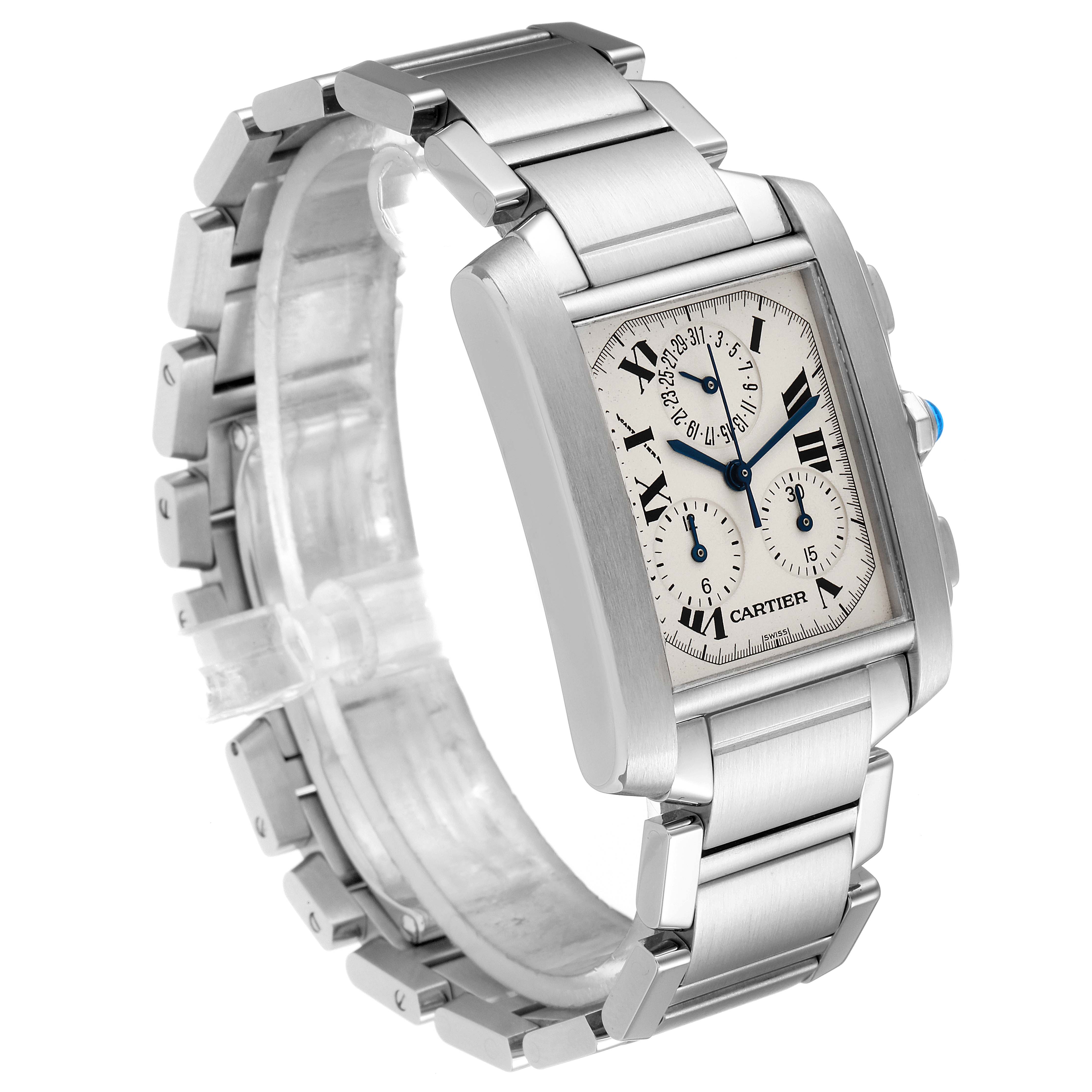 The Tank Francaise watch by Cartier is shown at a slight angle, displaying the face, case, and part of the bracelet.