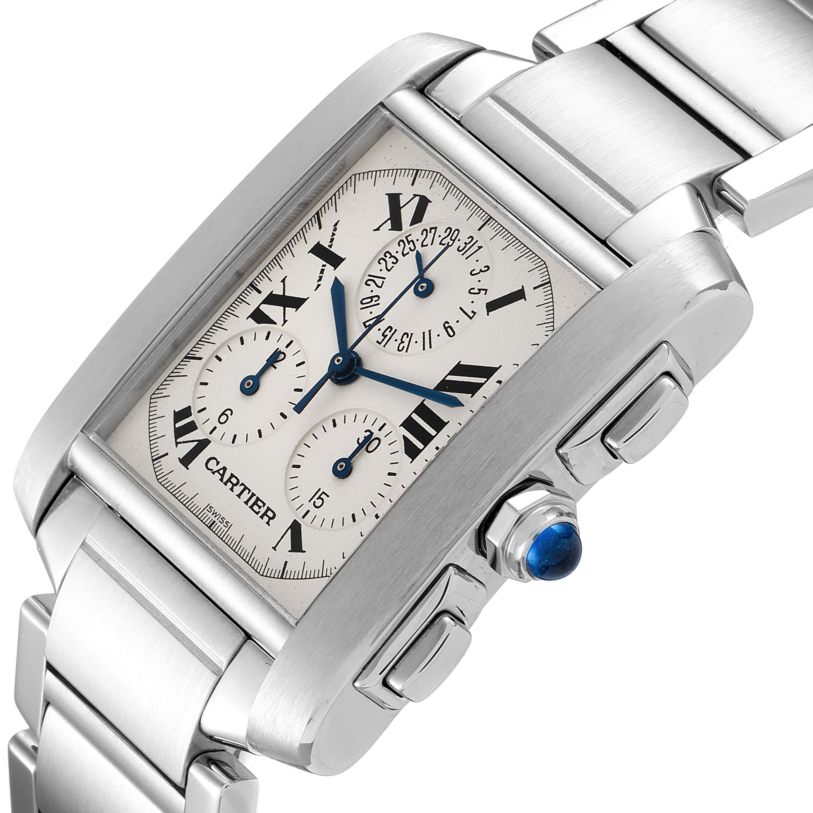 The image shows a close-up view of the Cartier Tank Francaise W51001Q3 Men's Stainless Steel Silver Dial W51001Q3 Men's Stainless Steel Silver Dial watch, highlighting its face, dial, crown, and part of the bracelet.
