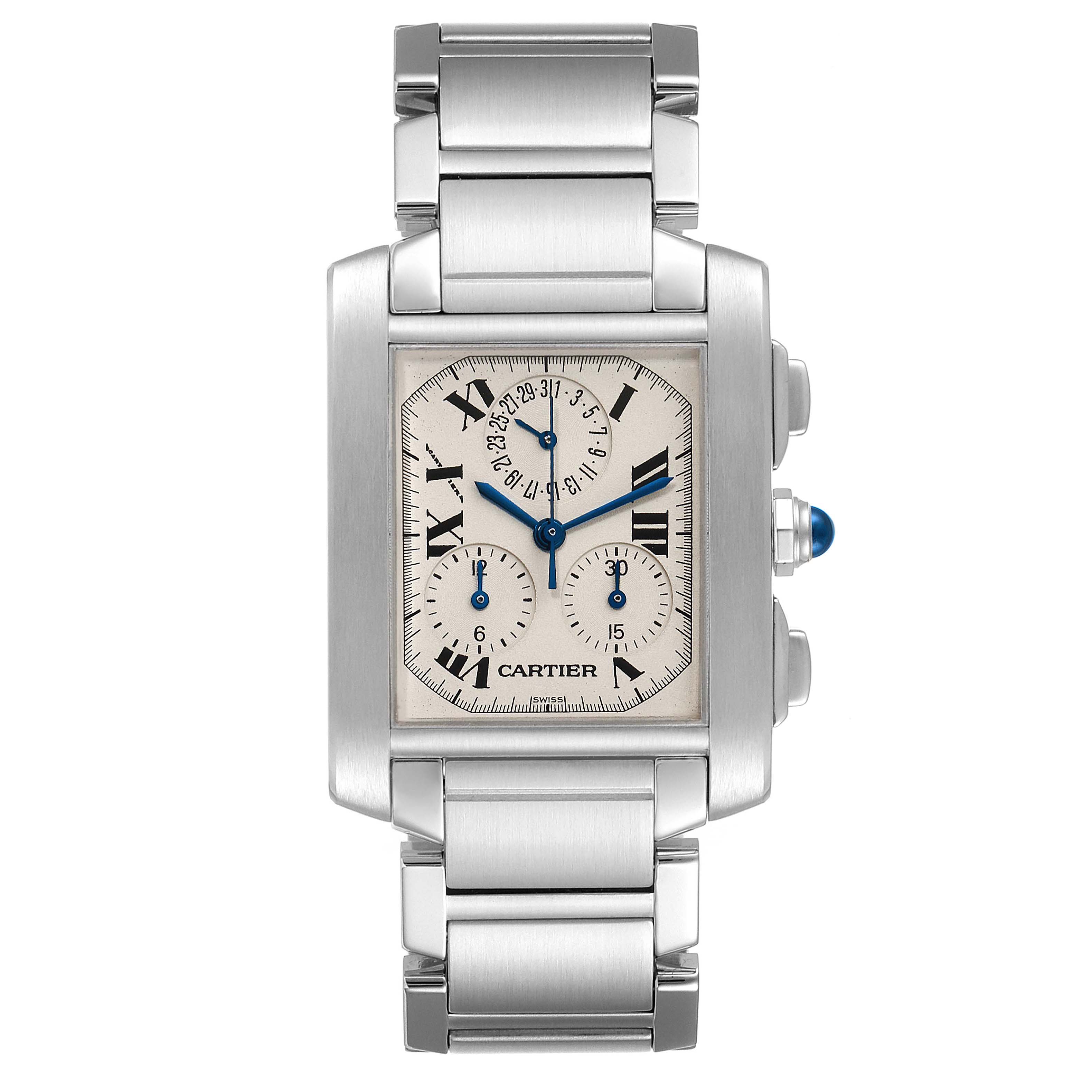 The Cartier Tank Francaise W51001Q3 Men's Stainless Steel Silver Dial W51001Q3 Men's Stainless Steel Silver Dial watch is shown from a top-down angle, featuring its face and full bracelet.