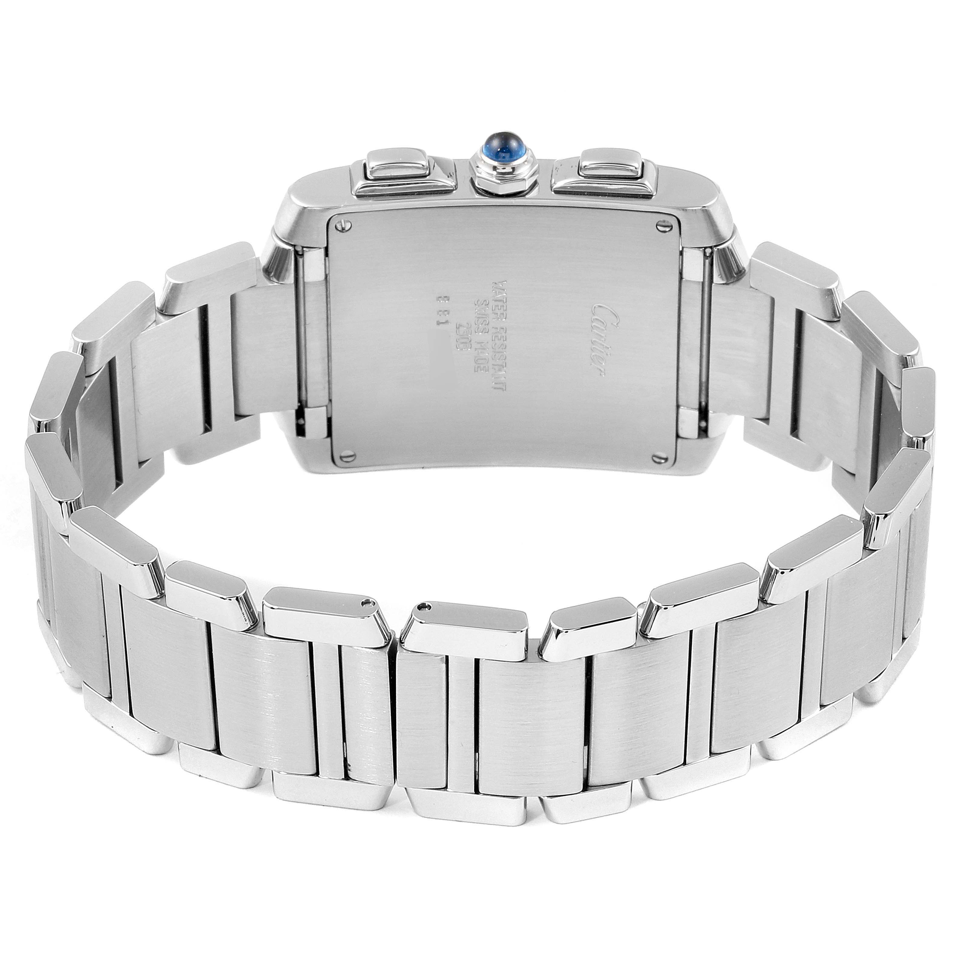 The image shows the backside and bracelet of the Tank Française watch model by Cartier.