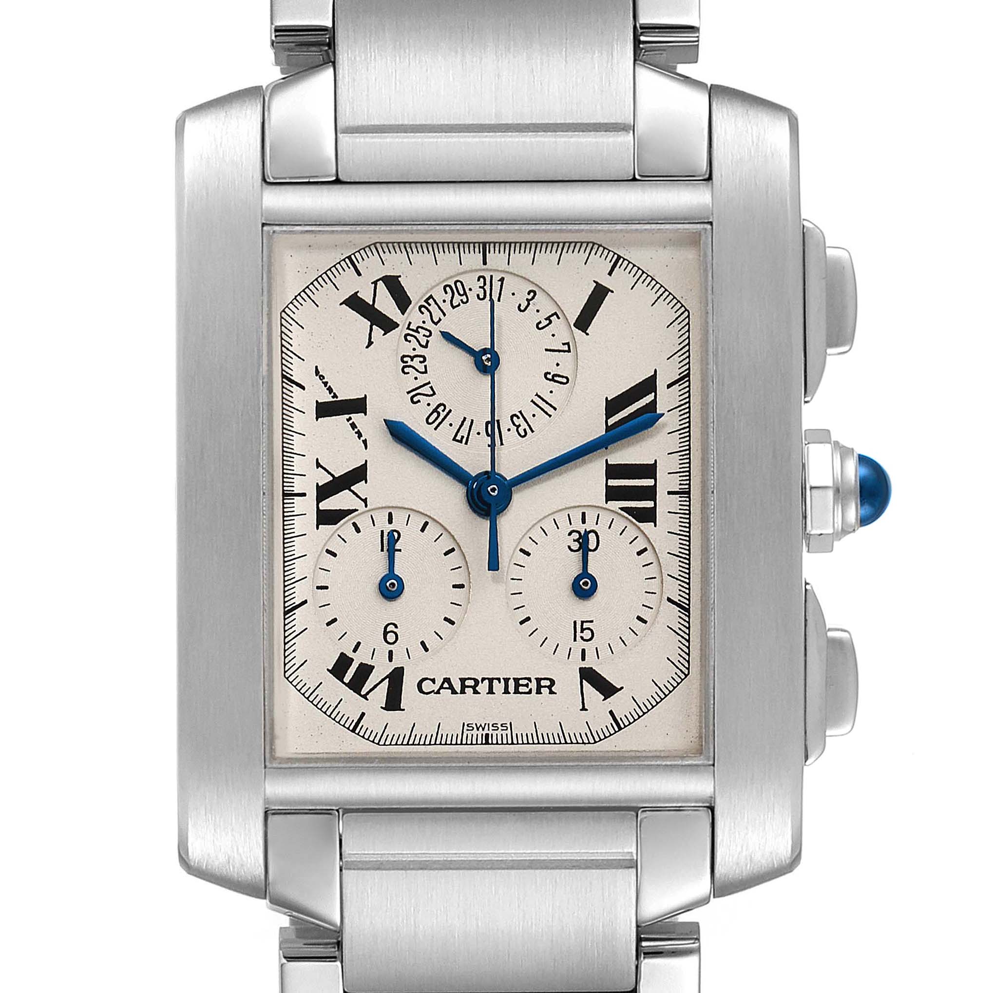 The image shows a close-up, frontal view of the Cartier Tank Francaise W51001Q3 Men's Stainless Steel Silver Dial W51001Q3 Men's Stainless Steel Silver Dial watch, highlighting its face, hands, and part of the bracelet.