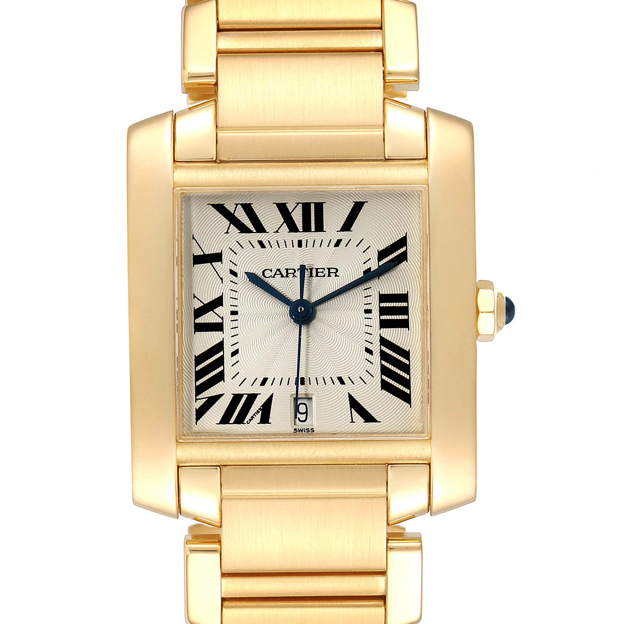 The image shows a frontal view of the Cartier Tank Francaise W50001R2 Men's Yellow Gold Silver Dial W50001R2 Men's Yellow Gold Silver Dial watch, highlighting its face, dial, and part of the bracelet.
