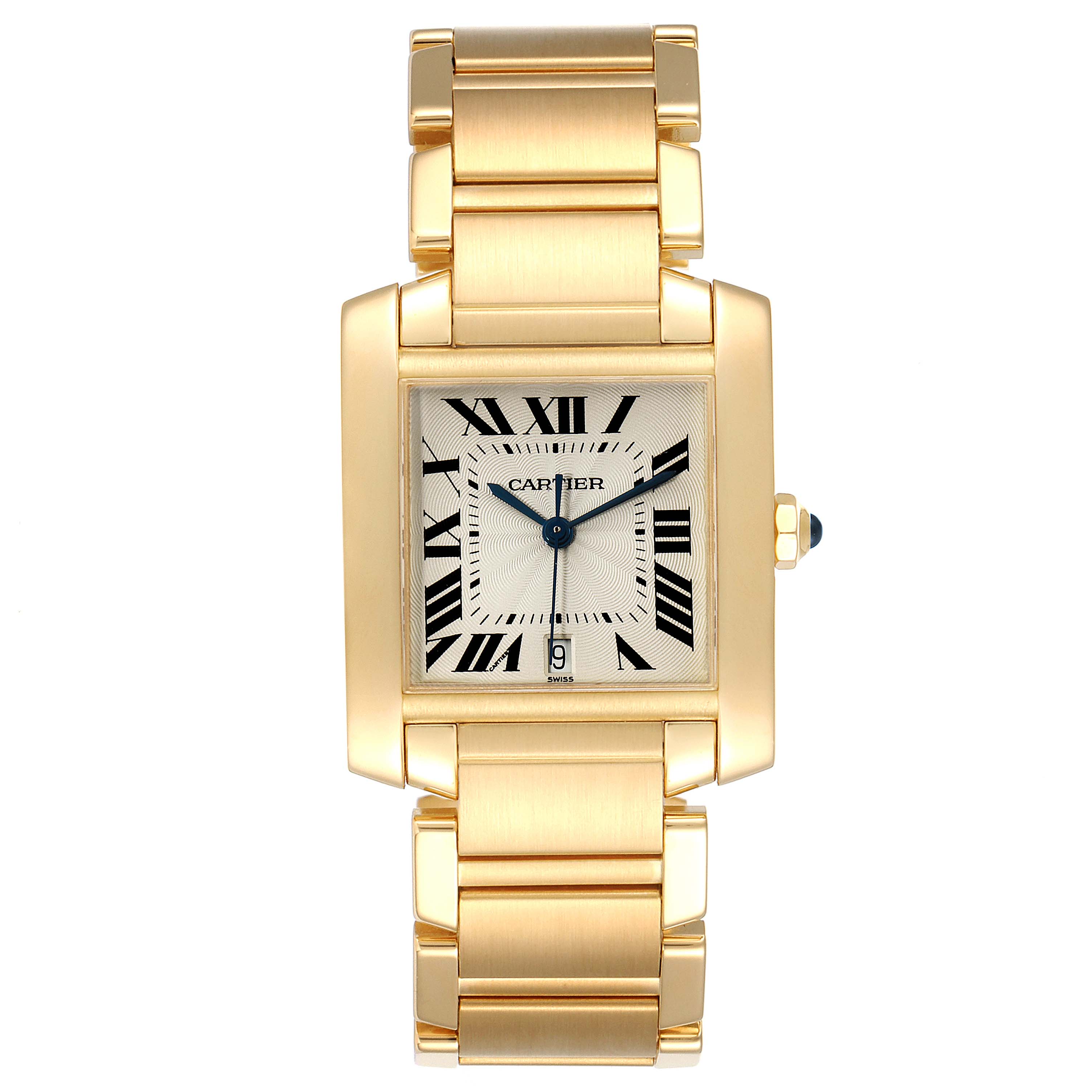 This image displays a Cartier Tank Française watch from a top-down perspective, highlighting its face and gold bracelet.