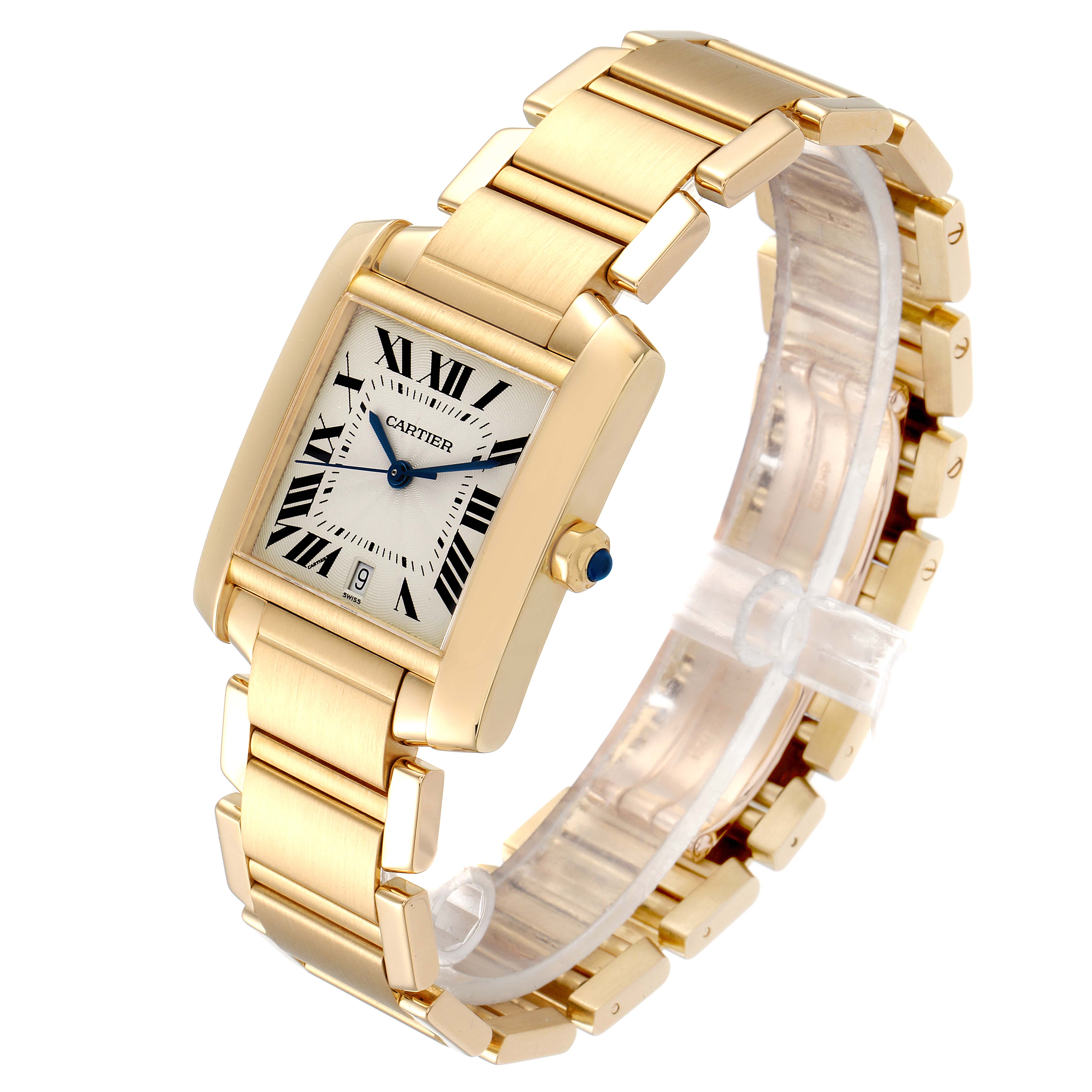 The Cartier Tank Francaise W50001R2 Men's Yellow Gold Silver Dial W50001R2 Men's Yellow Gold Silver Dial watch is shown at an angled view, displaying its gold rectangular case, bracelet, and Roman numeral dial.