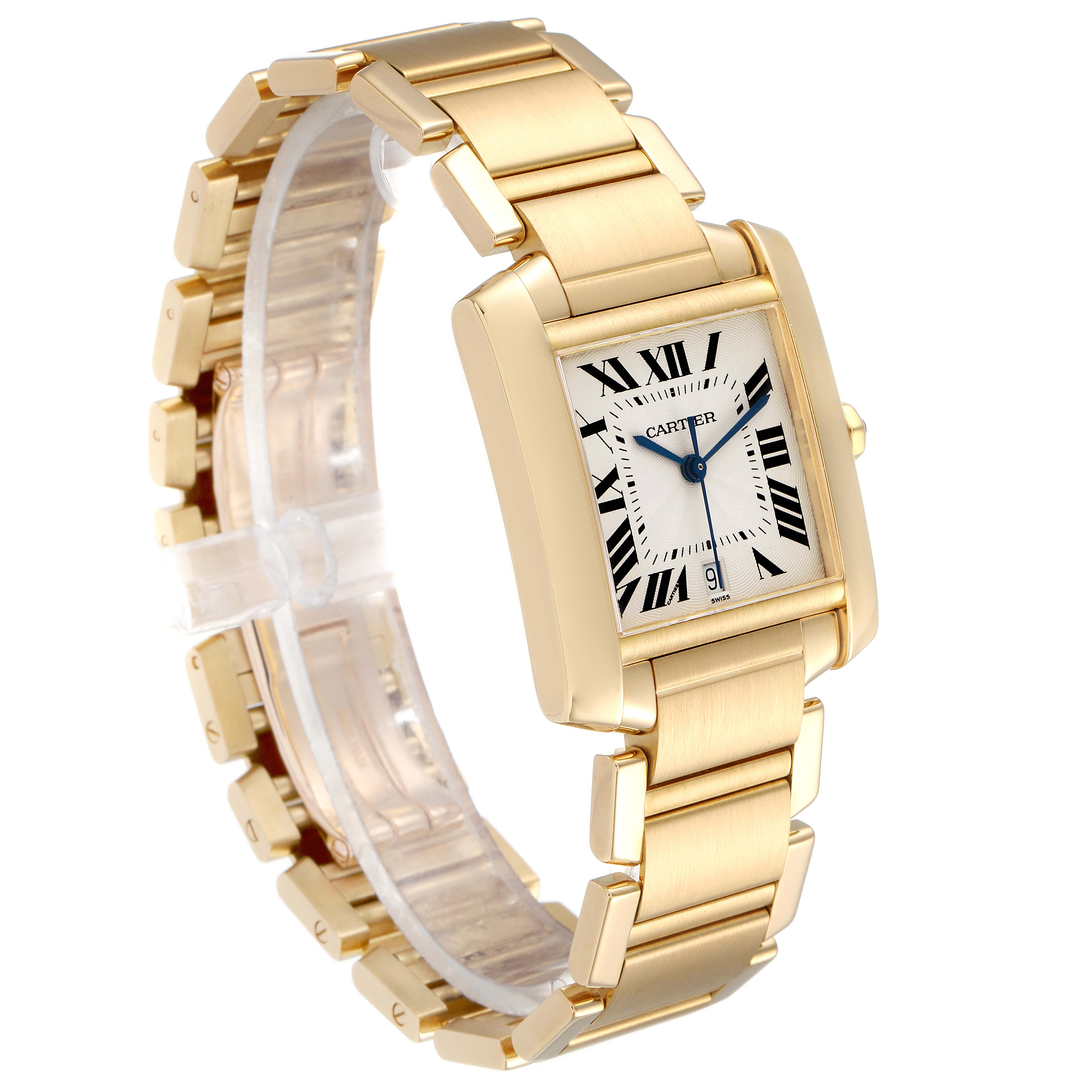 The image shows a Cartier Tank Francaise W50001R2 Men's Yellow Gold Silver Dial W50001R2 Men's Yellow Gold Silver Dial watch angled from the front-left, showcasing its rectangular face and gold bracelet.