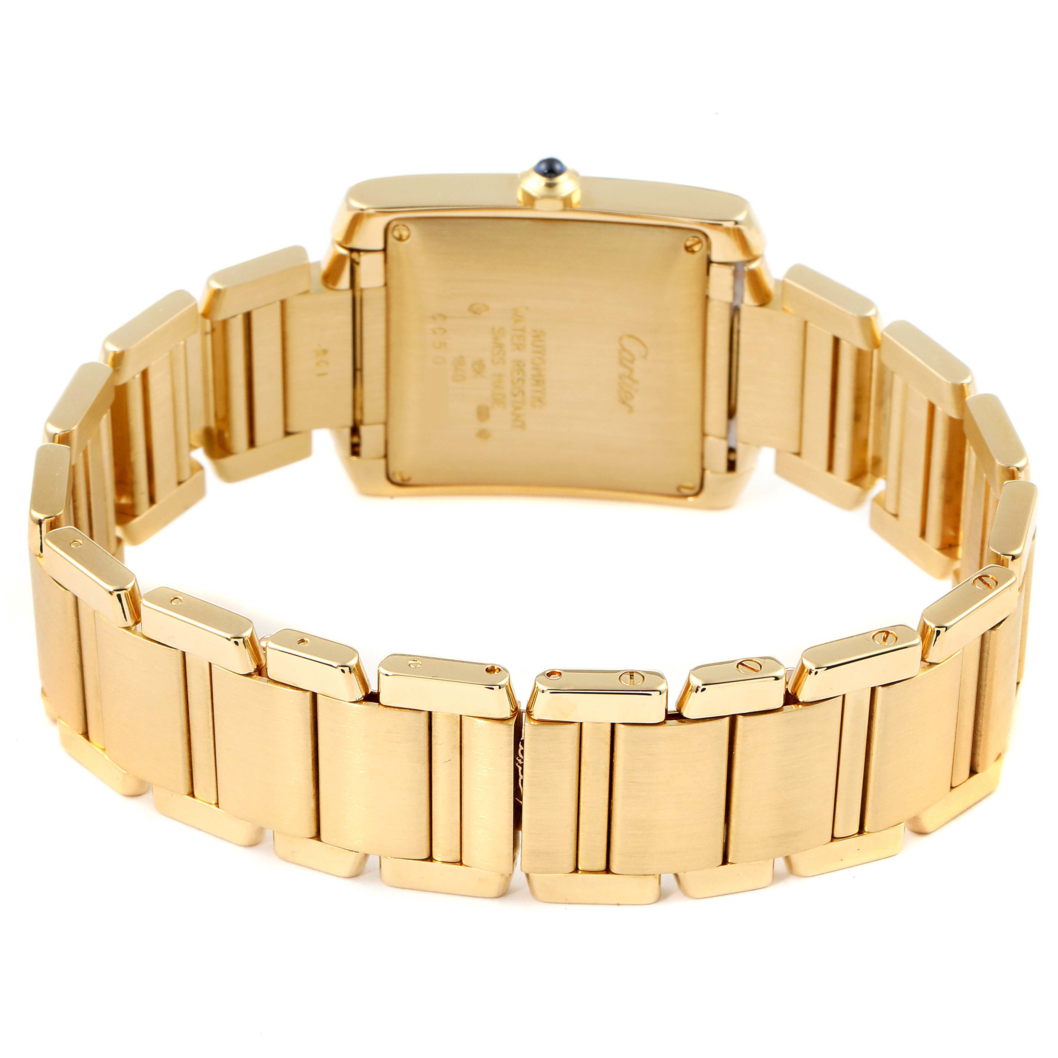 This image shows the back of a Cartier Tank Francaise W50001R2 Men's Yellow Gold Silver Dial W50001R2 Men's Yellow Gold Silver Dial watch, including the back case and bracelet.
