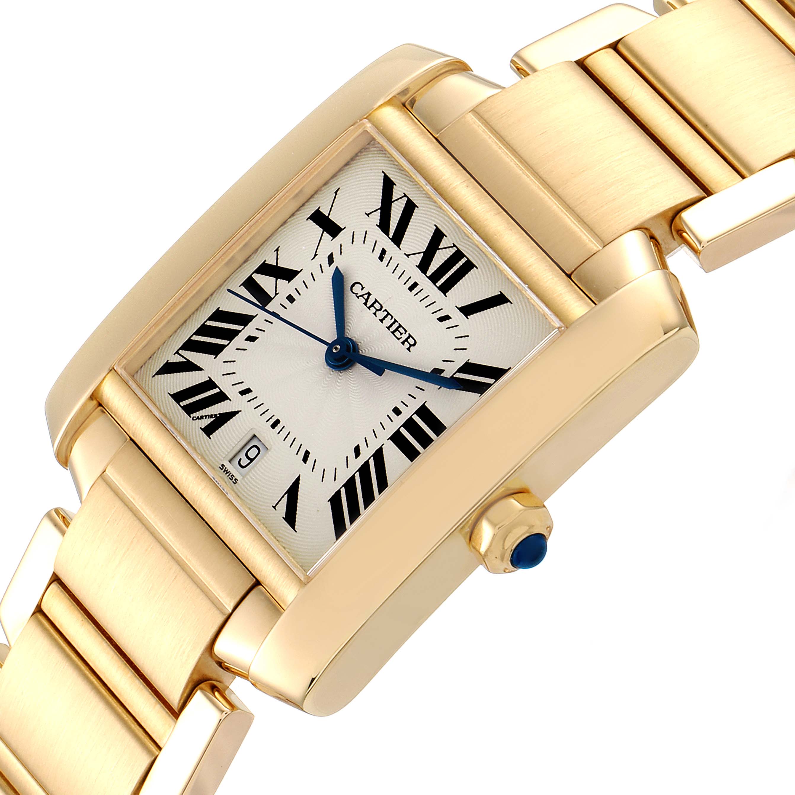 The Cartier Tank Francaise W50001R2 Men's Yellow Gold Silver Dial W50001R2 Men's Yellow Gold Silver Dial watch is shown at an angled view, showcasing its rectangular face, blue hands, Roman numerals, and gold bracelet.