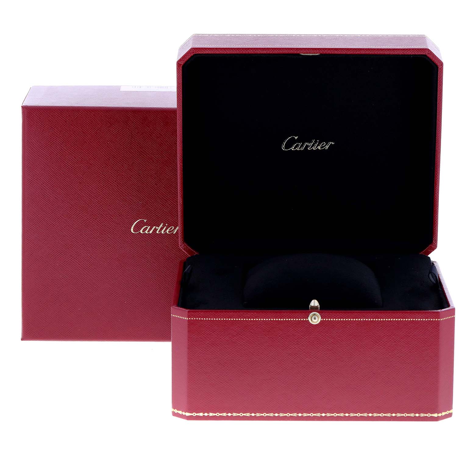 The image shows an open and closed red Cartier box for the Tank Française model, viewed from the front.