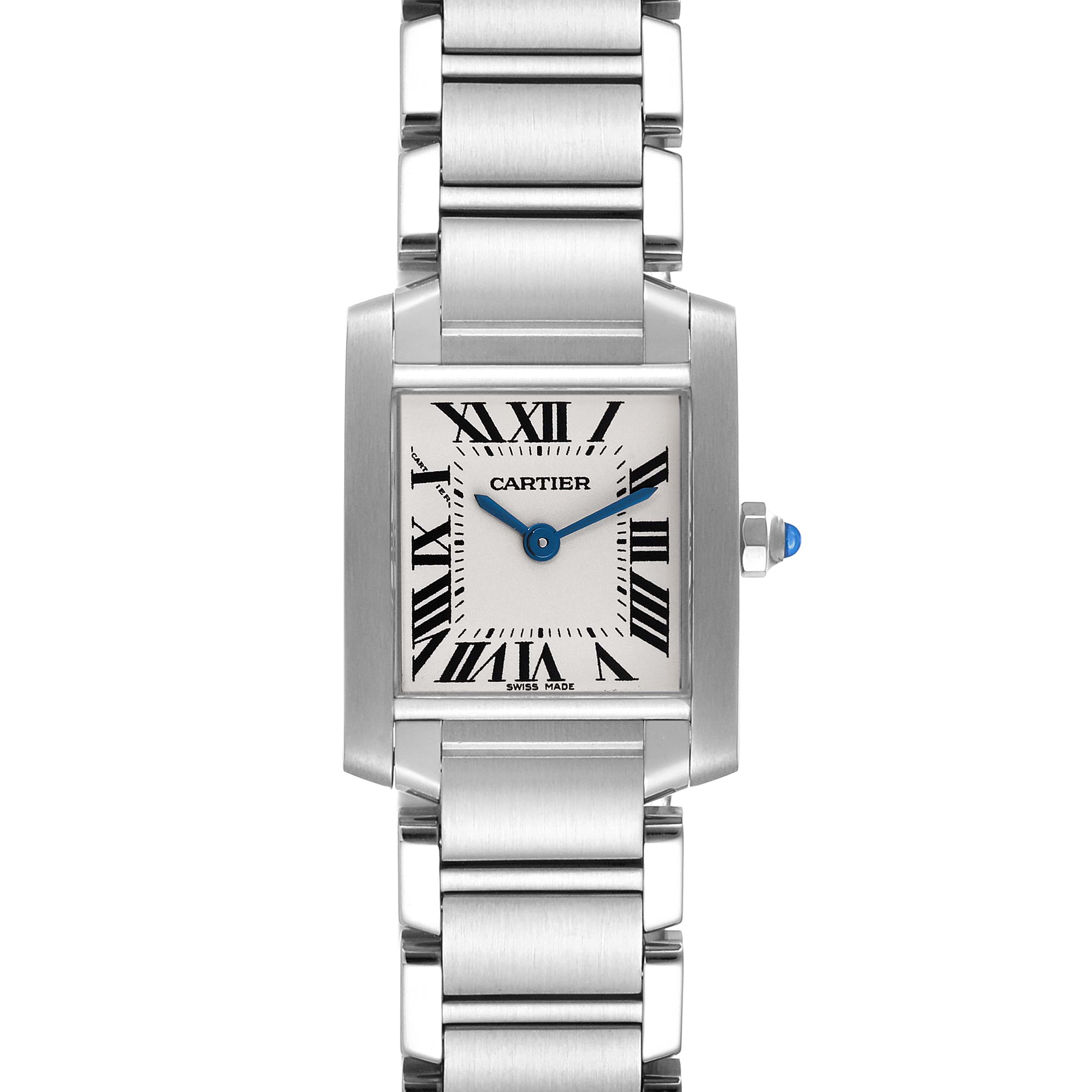 This image shows a frontal view of the Cartier Tank Francaise W51008Q3 Women's Stainless Steel Silver Dial W51008Q3 Women's Stainless Steel Silver Dial watch, highlighting its face, Roman numerals, and bracelet.