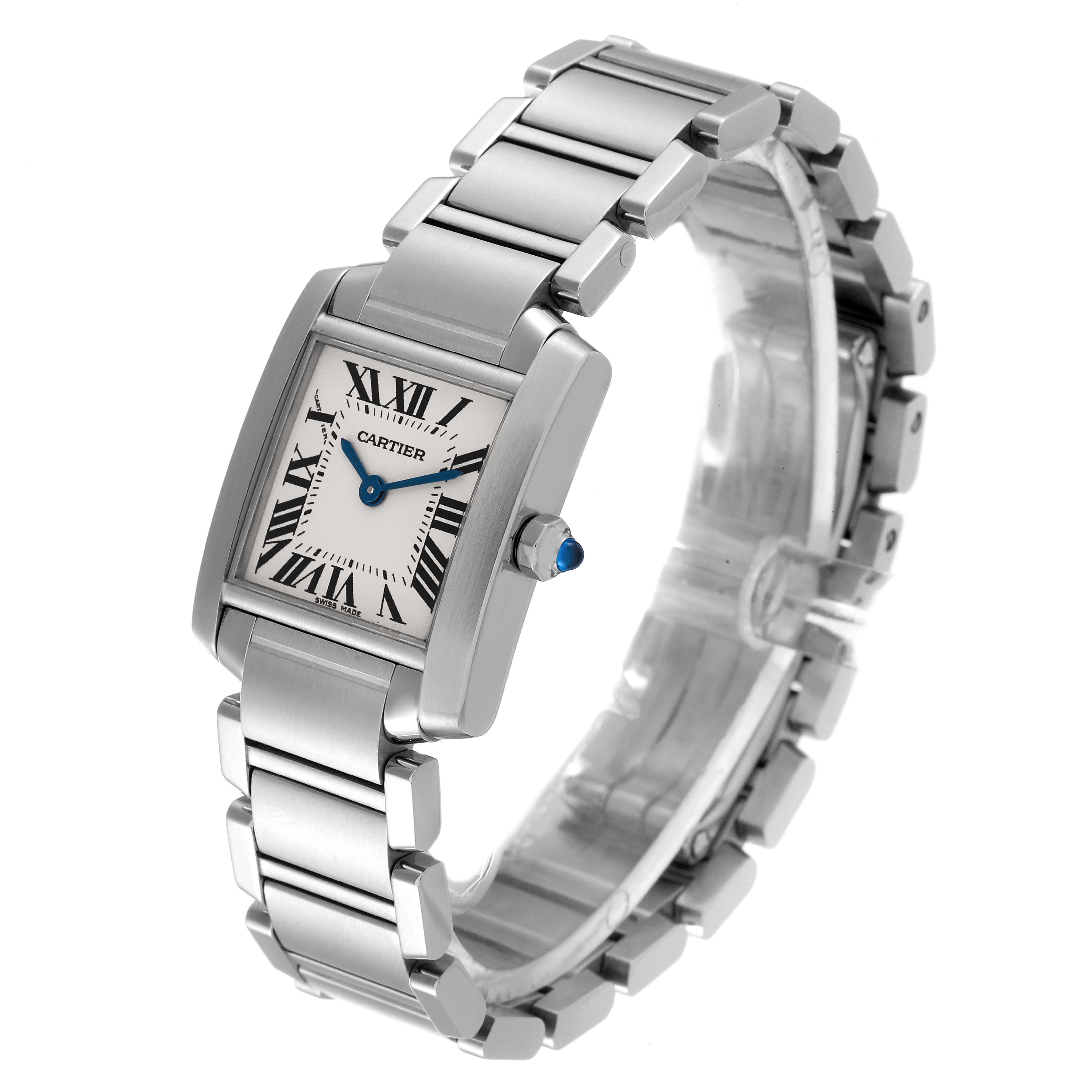 This image shows a Cartier Tank Francaise W51008Q3 Women's Stainless Steel Silver Dial W51008Q3 Women's Stainless Steel Silver Dial watch at a three-quarter angle, displaying the watch face, crown, and bracelet.
