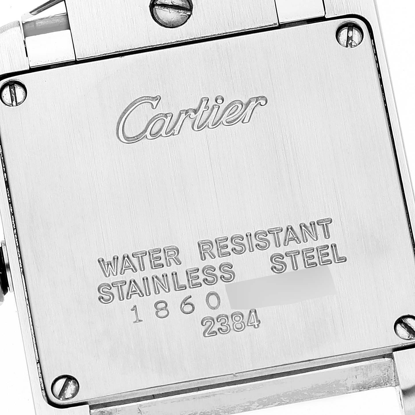 This is the back view of a Cartier Tank Francaise W51008Q3 Women's Stainless Steel Silver Dial W51008Q3 Women's Stainless Steel Silver Dial watch showing the brand, water resistance, and model details.