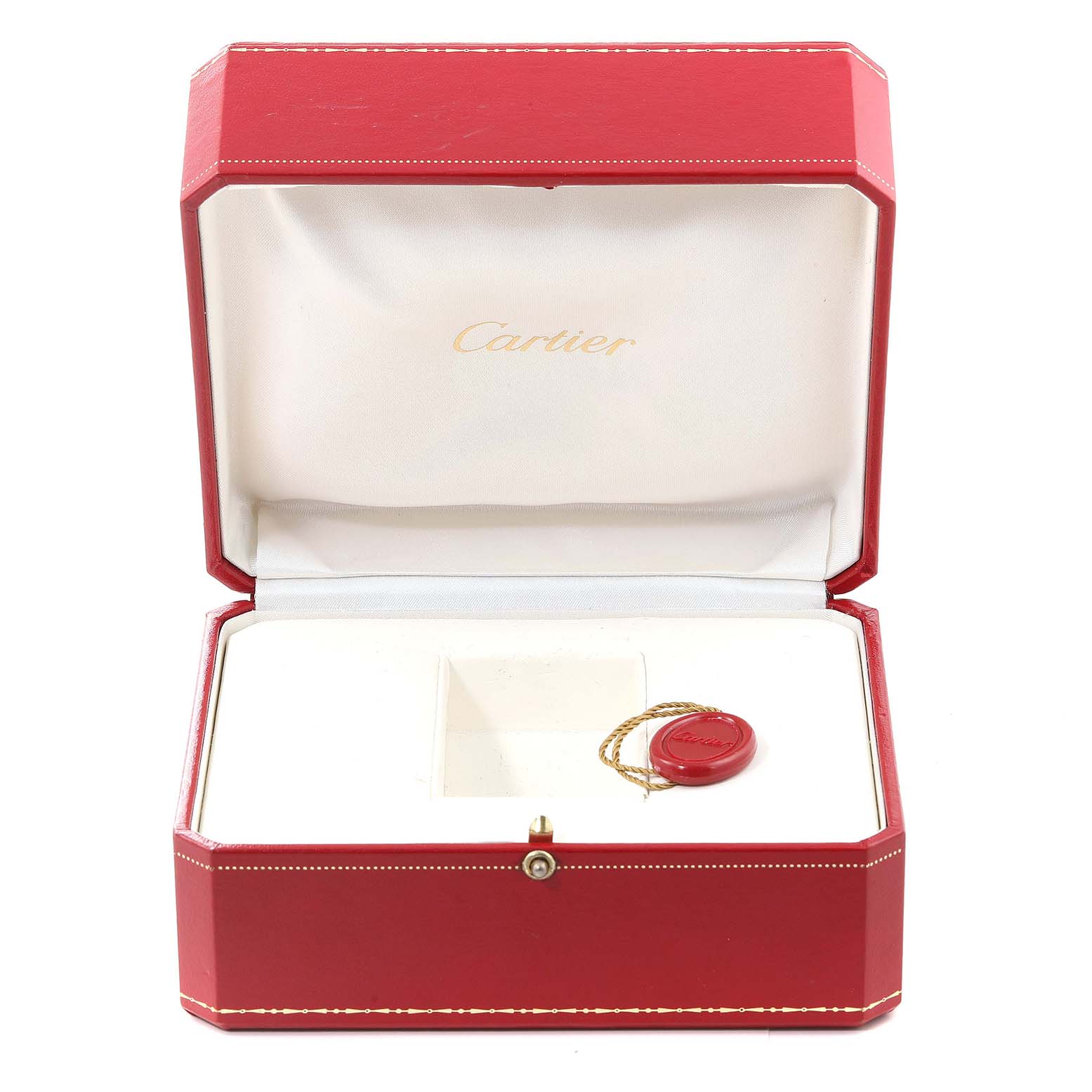 The image shows an open red Cartier watch box for the Tank Française model with a red Cartier tag inside.