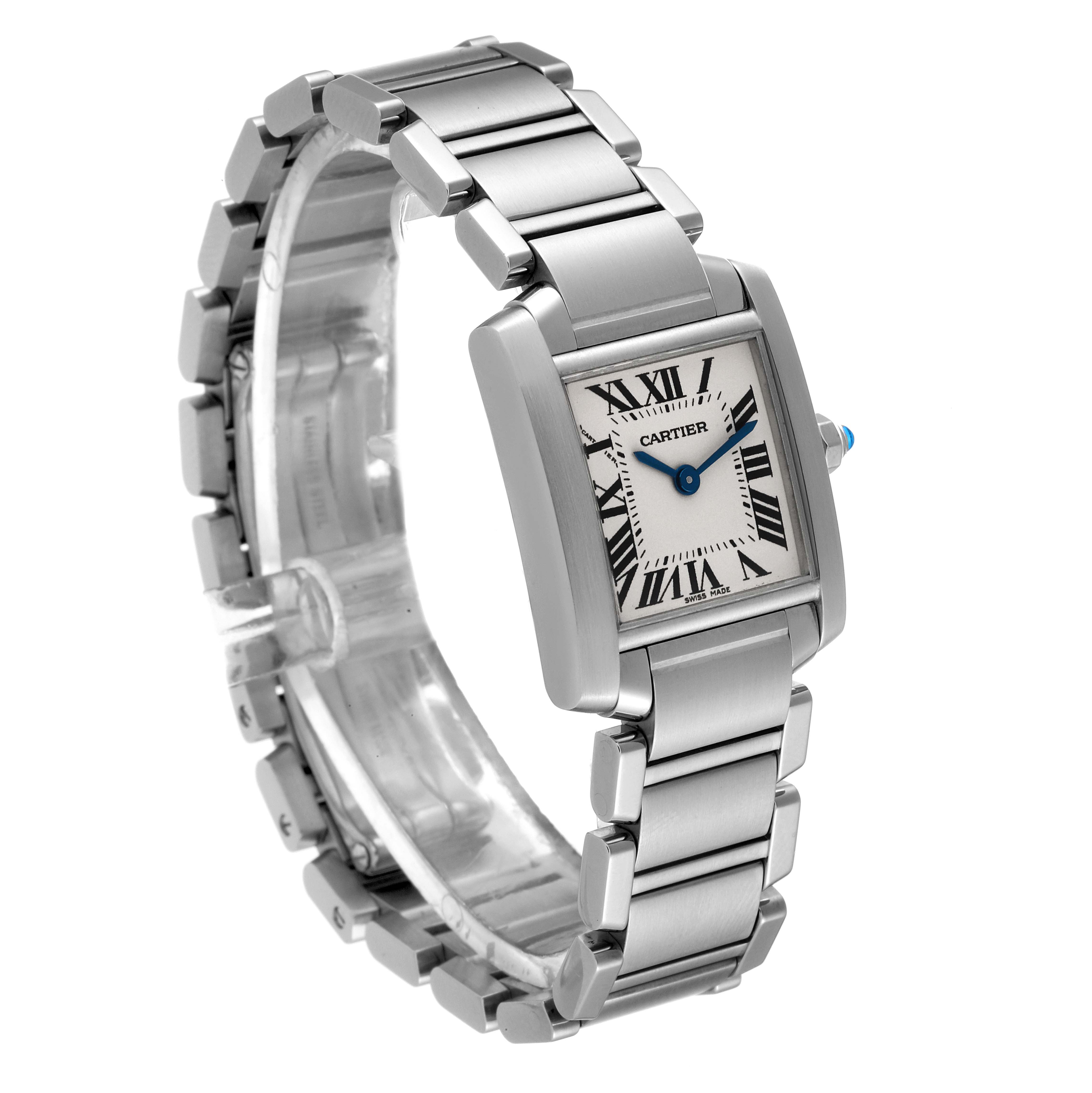 This image features a Cartier Tank Francaise W51008Q3 Women's Stainless Steel Silver Dial W51008Q3 Women's Stainless Steel Silver Dial watch displayed at a three-quarter angle, showcasing the bracelet and the rectangular case with the dial.