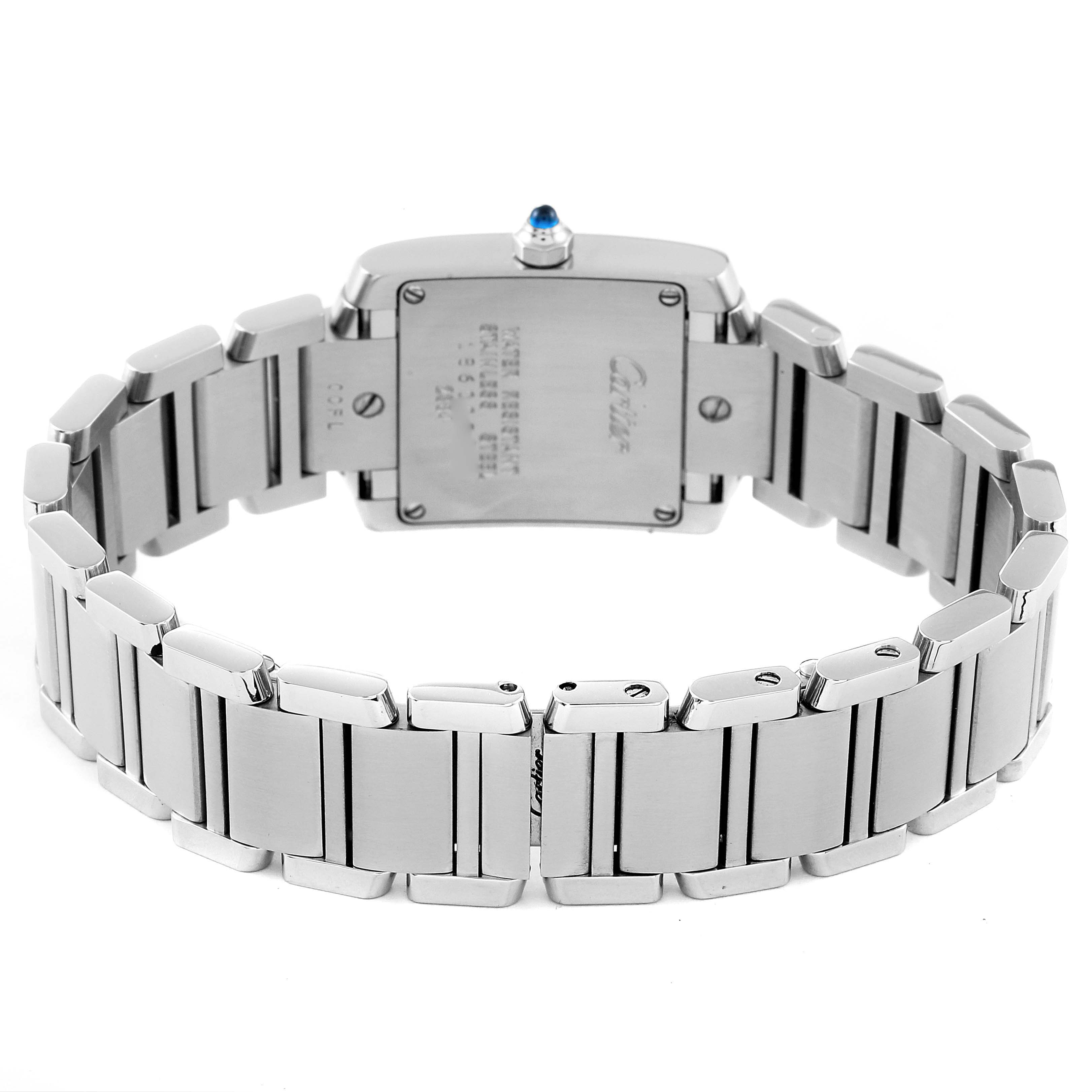 The image shows the back and bracelet of a Cartier Tank Francaise W51008Q3 Women's Stainless Steel Silver Dial W51008Q3 Women's Stainless Steel Silver Dial watch, displaying the case back and metal links.