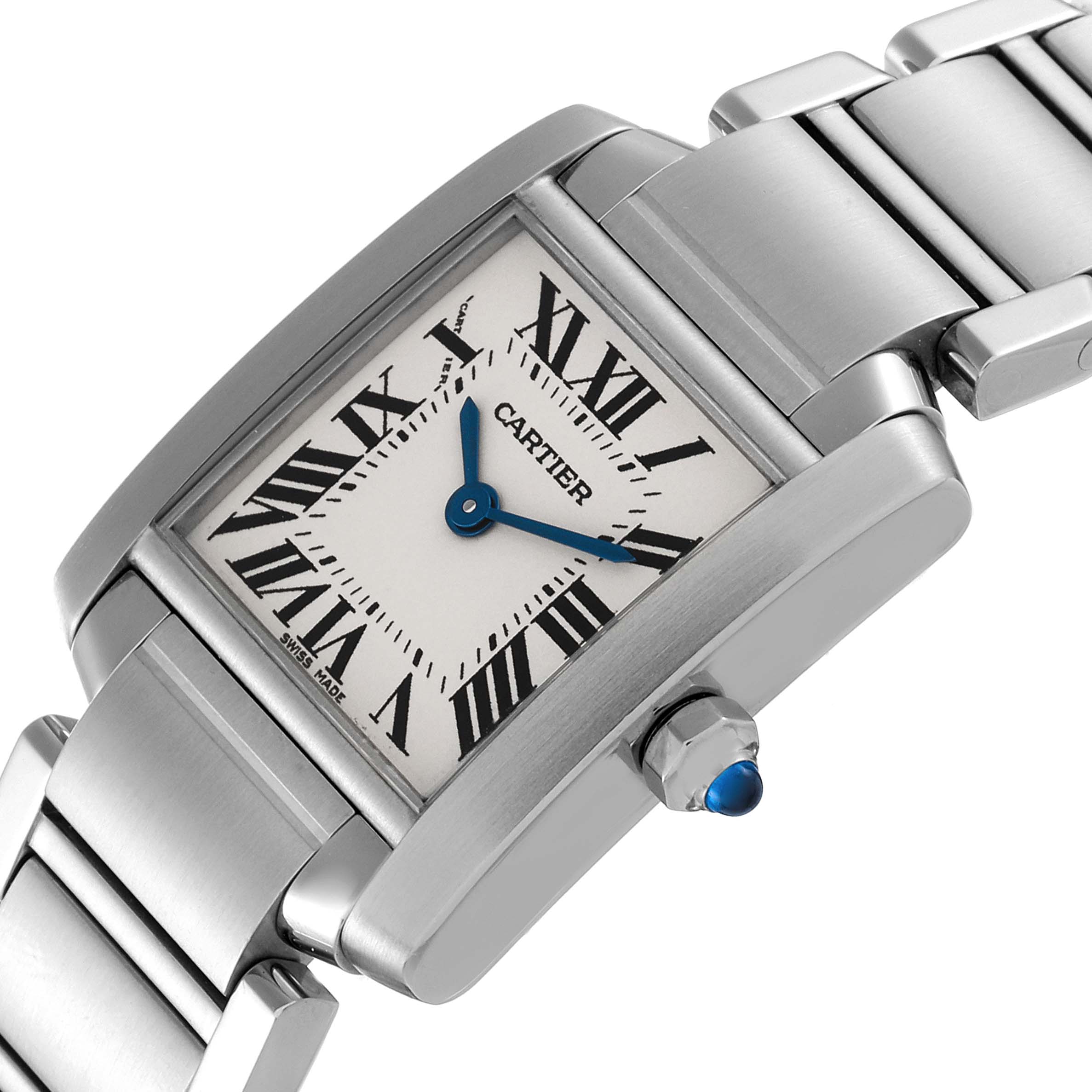 The image shows a close-up angled view of a Cartier Tank Francaise W51008Q3 Women's Stainless Steel Silver Dial W51008Q3 Women's Stainless Steel Silver Dial watch, displaying the dial, crown, and parts of the bracelet.