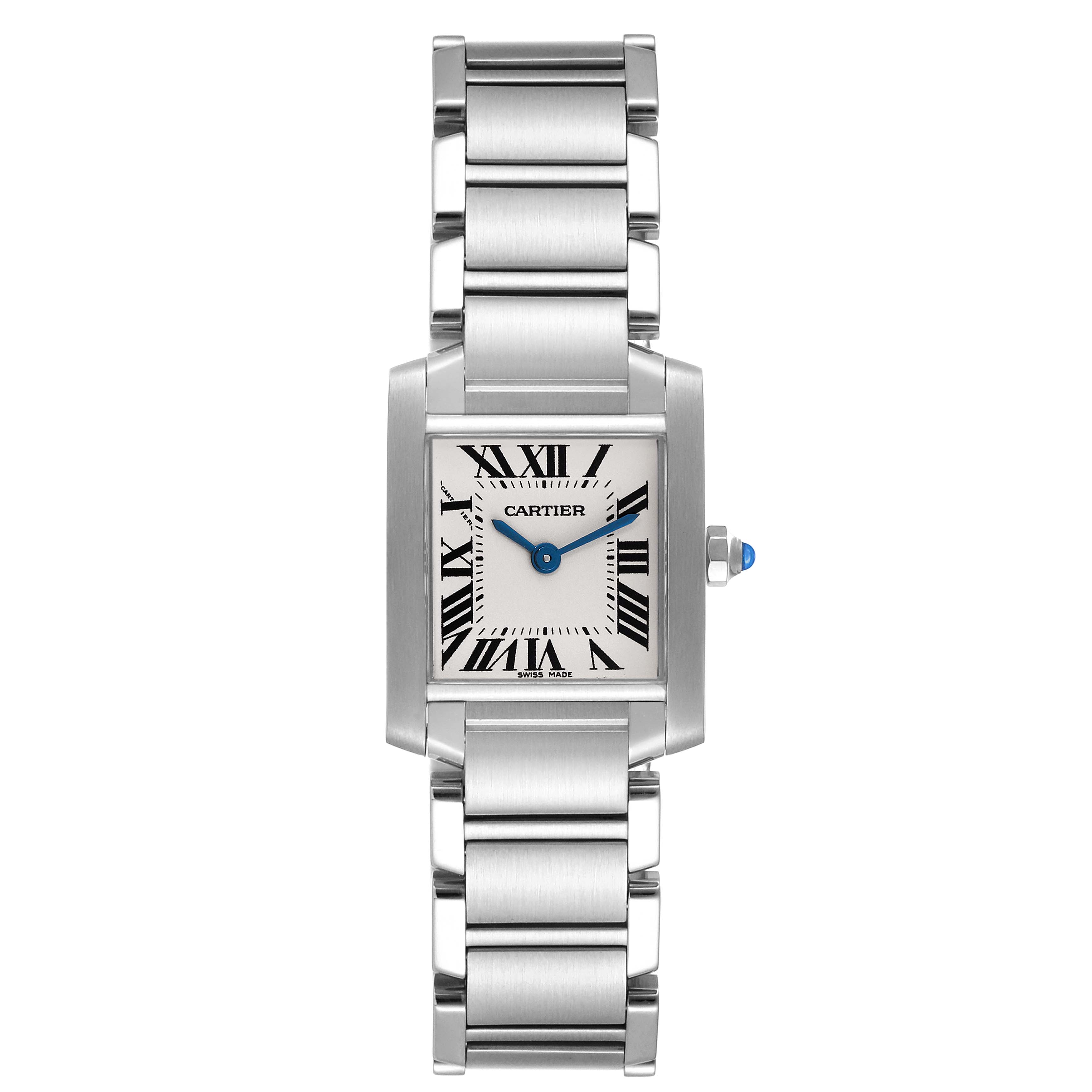 This image shows a Cartier Tank Française watch from a front view, detailing its square face and metal link bracelet.