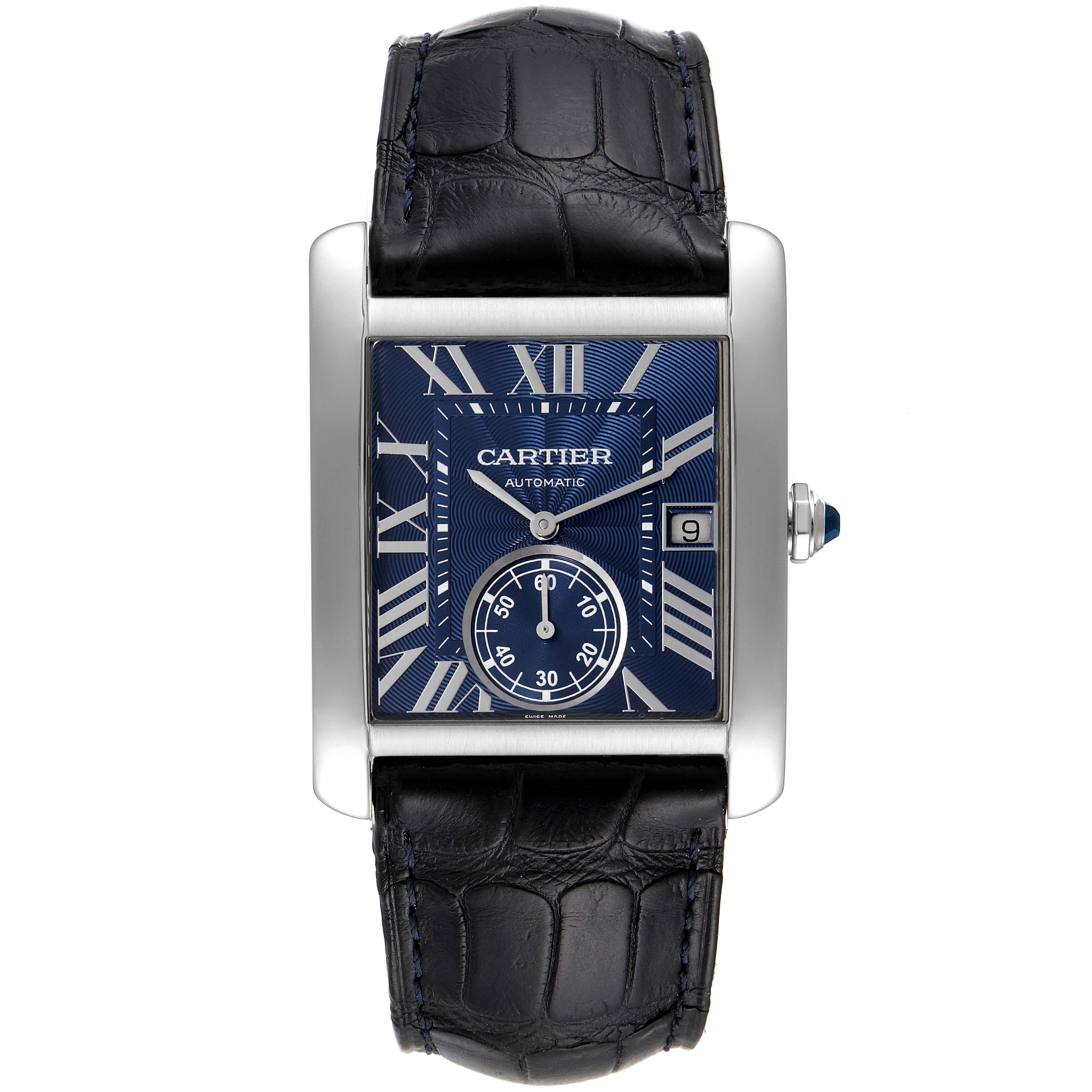 Front view of the Cartier Tank MC WSTA0010 Men
s Stainless Steel Blue Dial WSTA0010 Men
s Stainless Steel Blue Dial watch, displaying its blue dial, Roman numerals, and black leather strap.