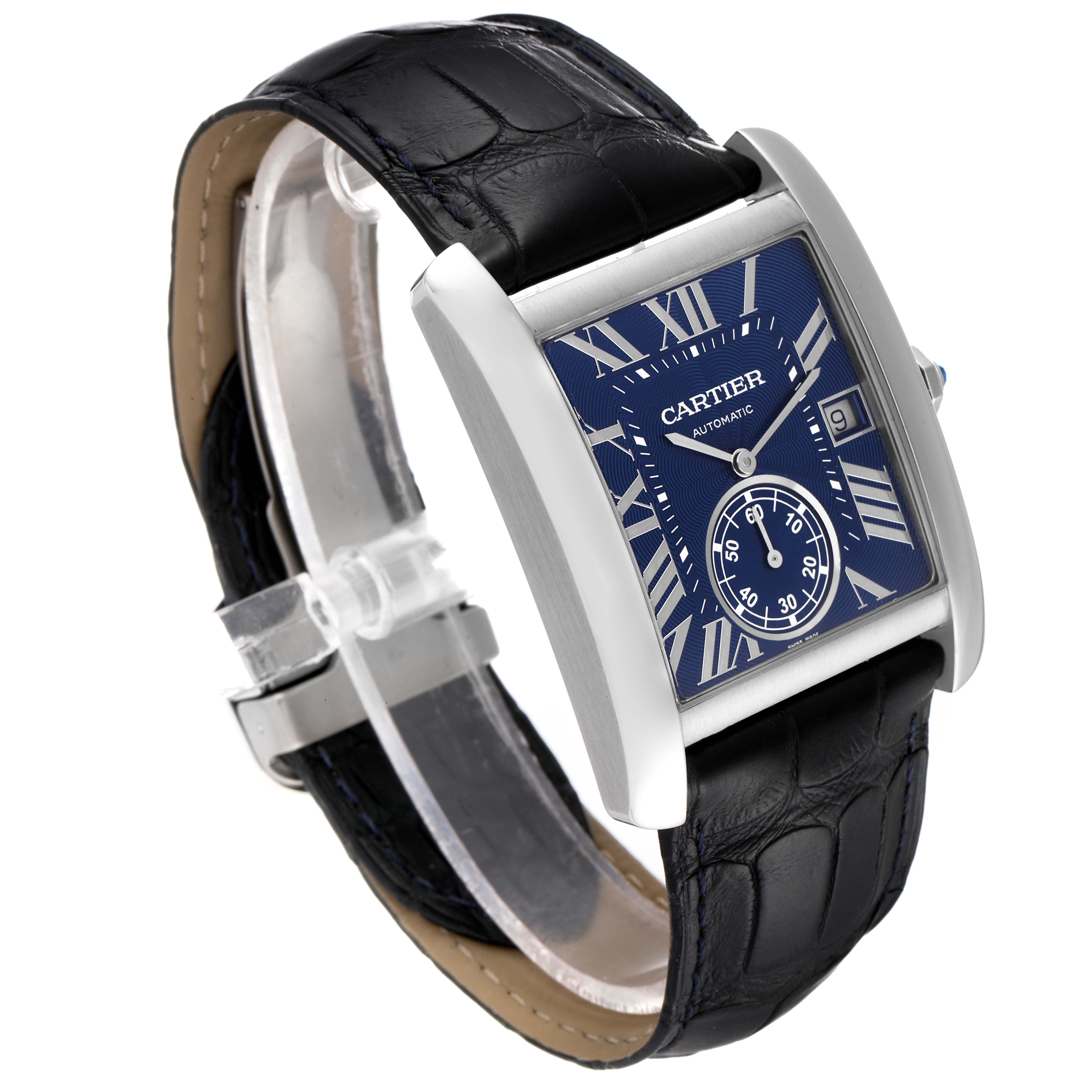 The image shows a Cartier Tank MC WSTA0010 Men
s Stainless Steel Blue Dial WSTA0010 Men
s Stainless Steel Blue Dial watch angled slightly to display the dial, case, and leather strap.
