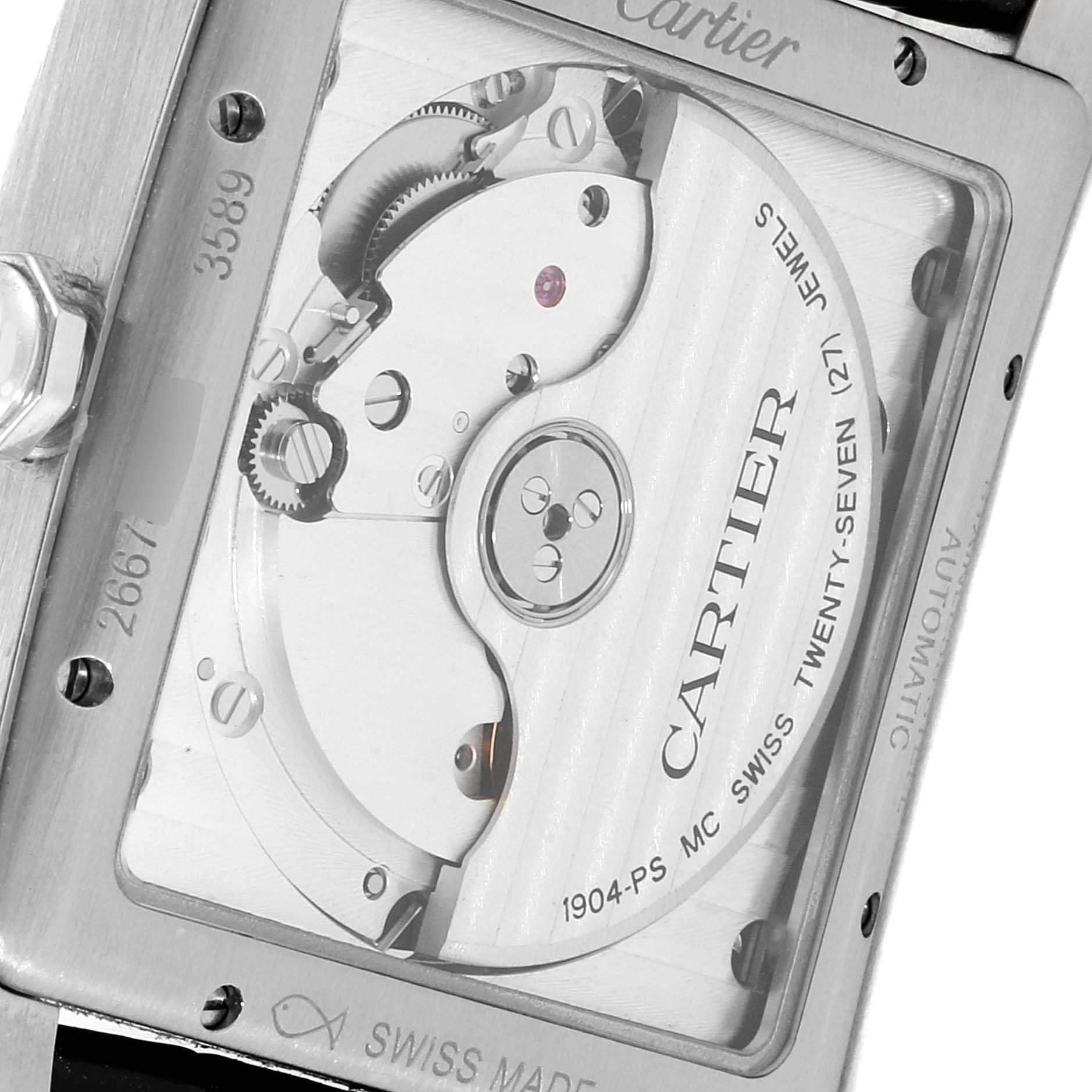 The image shows the back view of the Cartier Tank MC WSTA0010 Men
s Stainless Steel Blue Dial WSTA0010 Men
s Stainless Steel Blue Dial model, revealing its automatic movement.