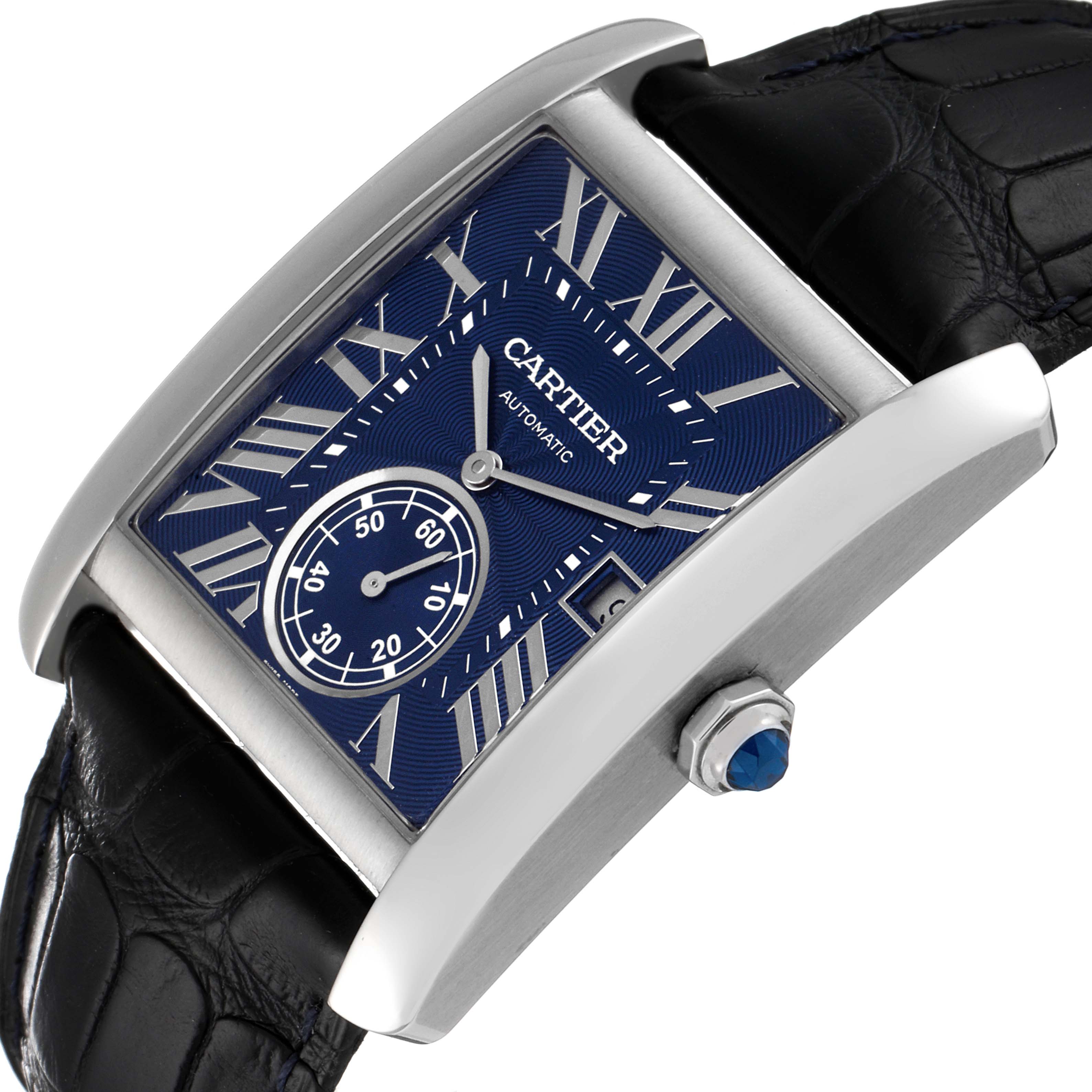 The image shows a Cartier Tank MC WSTA0010 Men
s Stainless Steel Blue Dial WSTA0010 Men
s Stainless Steel Blue Dial watch at an angle, highlighting its rectangular blue dial, leather strap, and crown.
