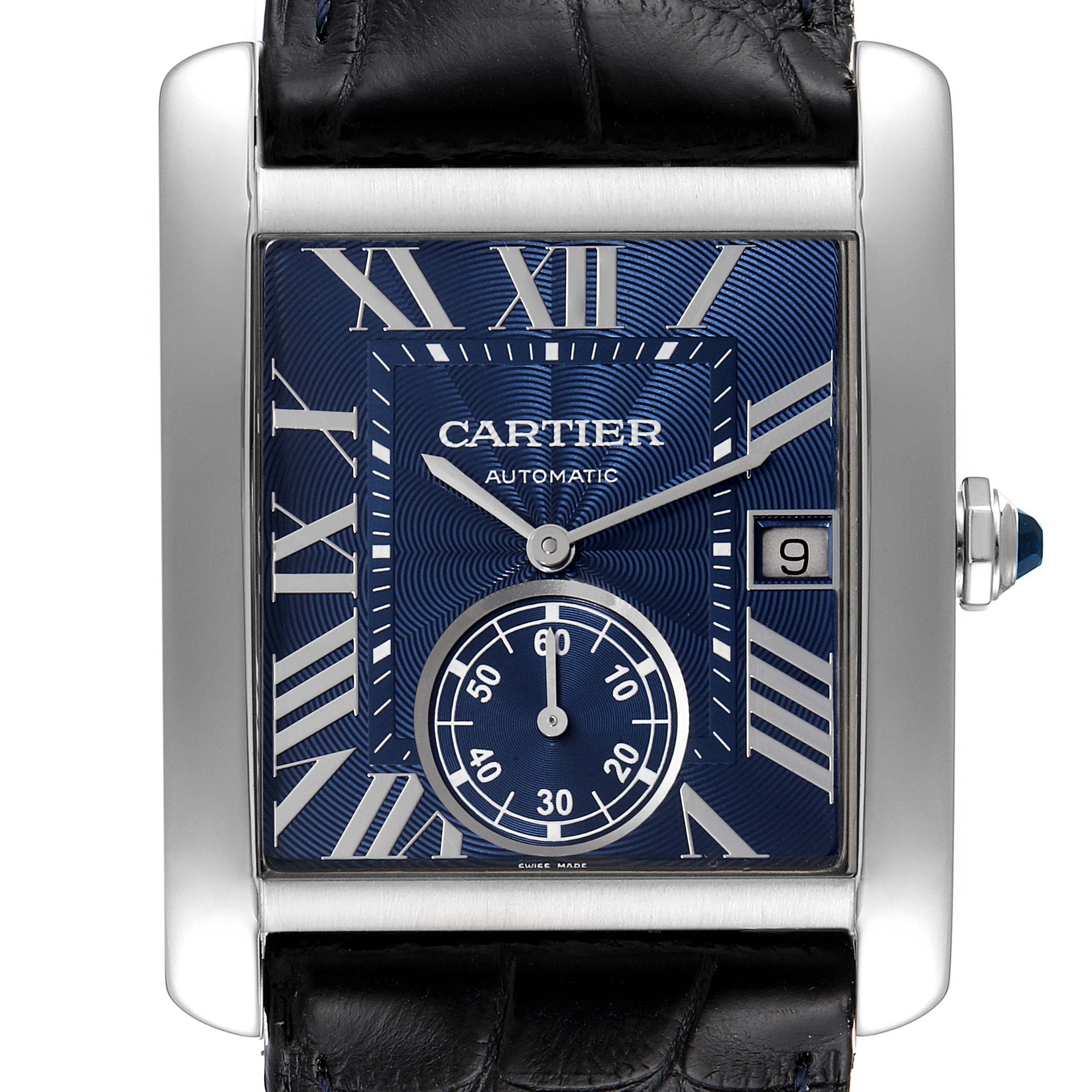The Cartier Tank MC WSTA0010 Men
s Stainless Steel Blue Dial WSTA0010 Men
s Stainless Steel Blue Dial watch is shown from a frontal angle, displaying the face, strap, and crown.