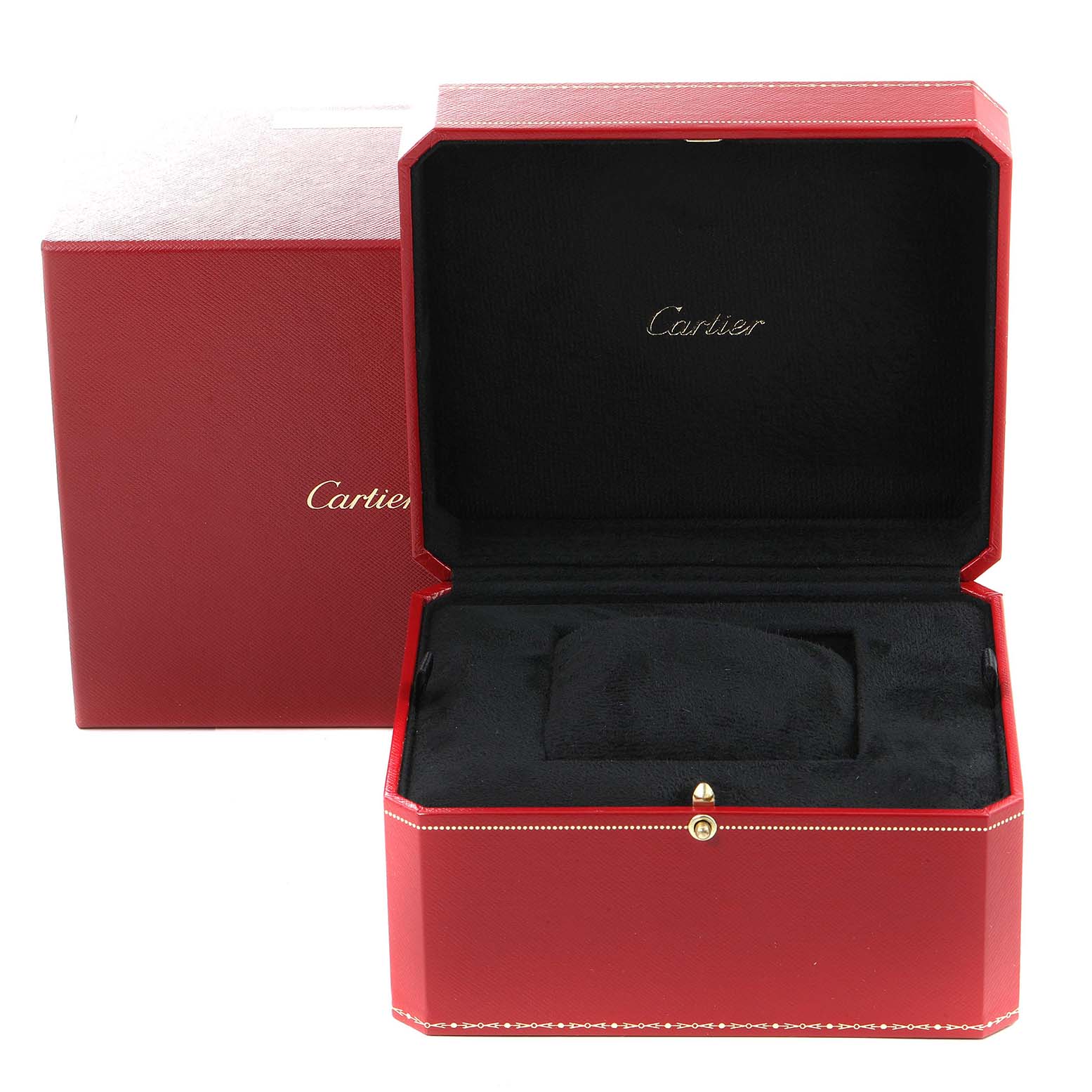 The image shows an open red Cartier box, likely for the Tank MC model watch, with an empty black interior and a closed outer box.