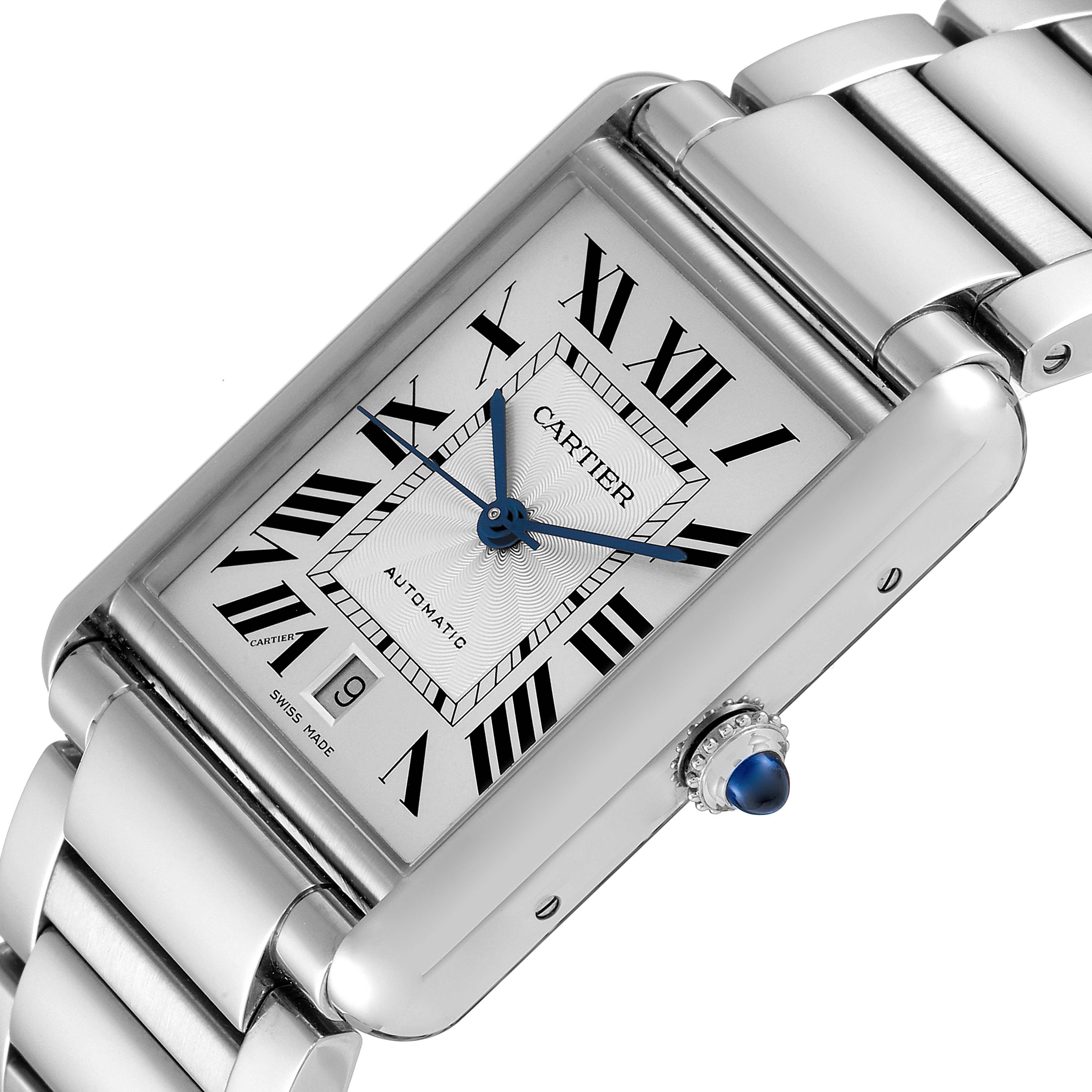The image shows a Cartier Tank Must WSTA0053 Men's Stainless Steel Silver Dial WSTA0053 Men's Stainless Steel Silver Dial watch at an angled close-up, highlighting its dial, case, and part of the metal bracelet.