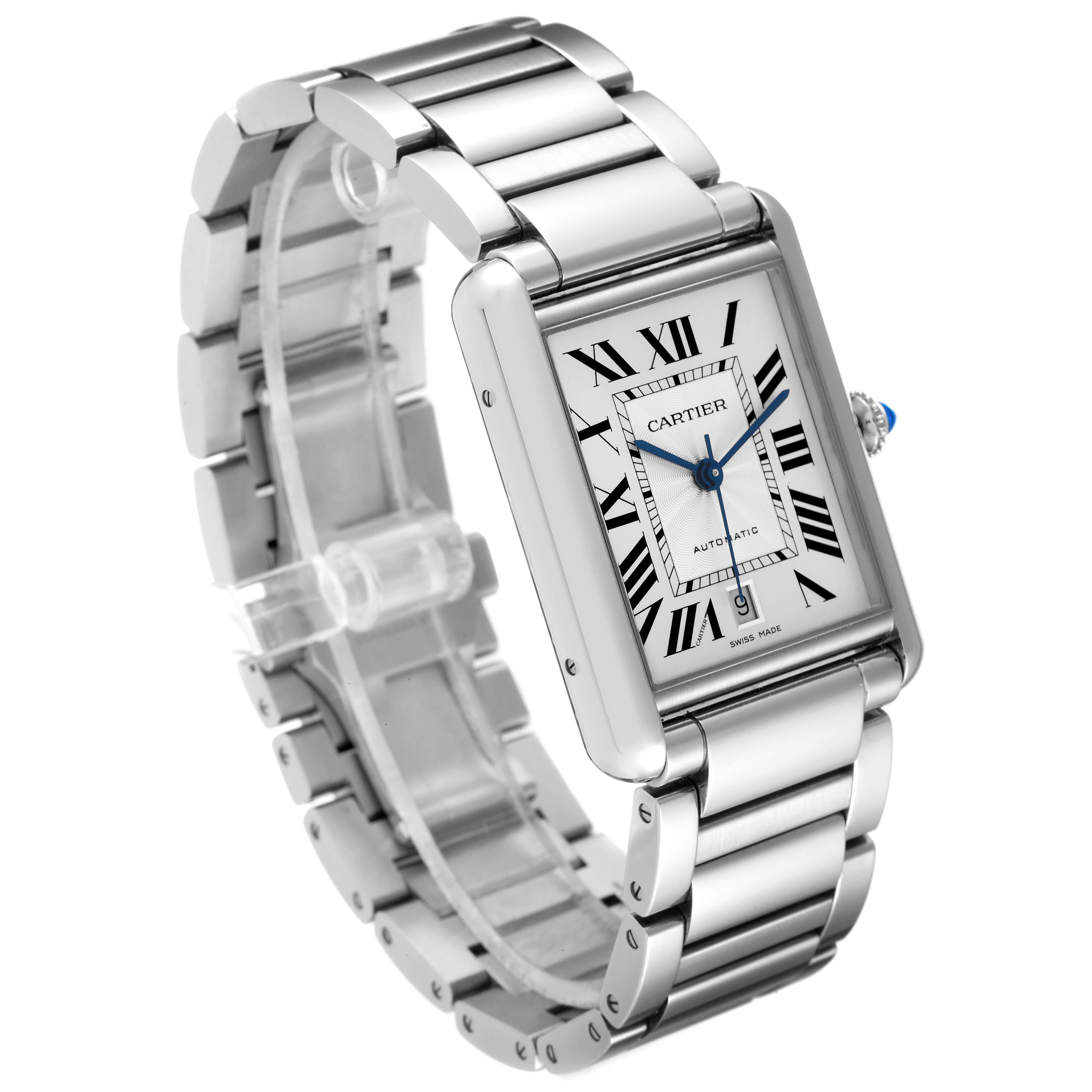 The image shows the Cartier Tank Must WSTA0053 Men's Stainless Steel Silver Dial WSTA0053 Men's Stainless Steel Silver Dial watch at an angled view, displaying the face, dial, and metal strap.
