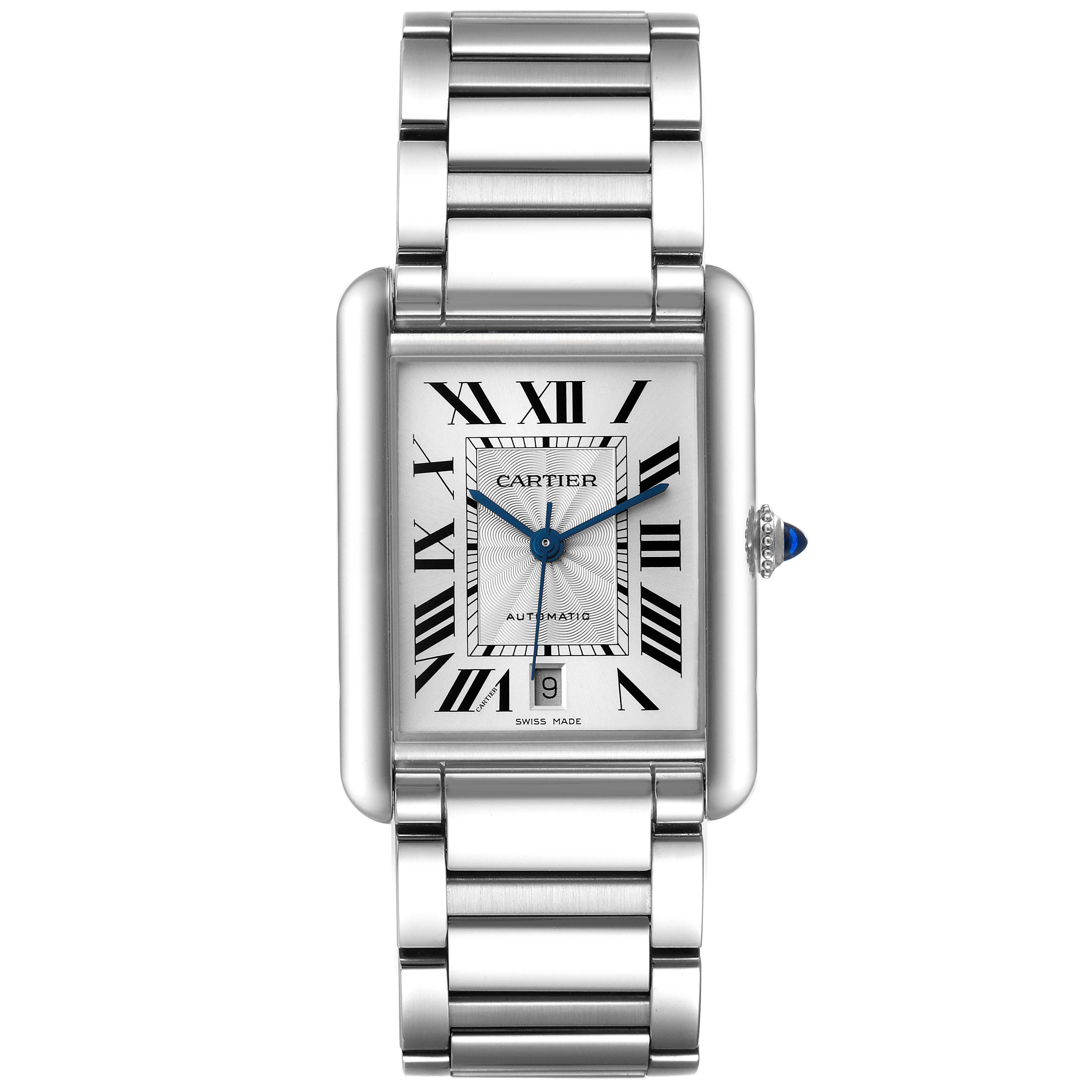 This image shows the front view of the Cartier Tank Must WSTA0053 Men's Stainless Steel Silver Dial WSTA0053 Men's Stainless Steel Silver Dial watch, highlighting its rectangular face and metal bracelet.