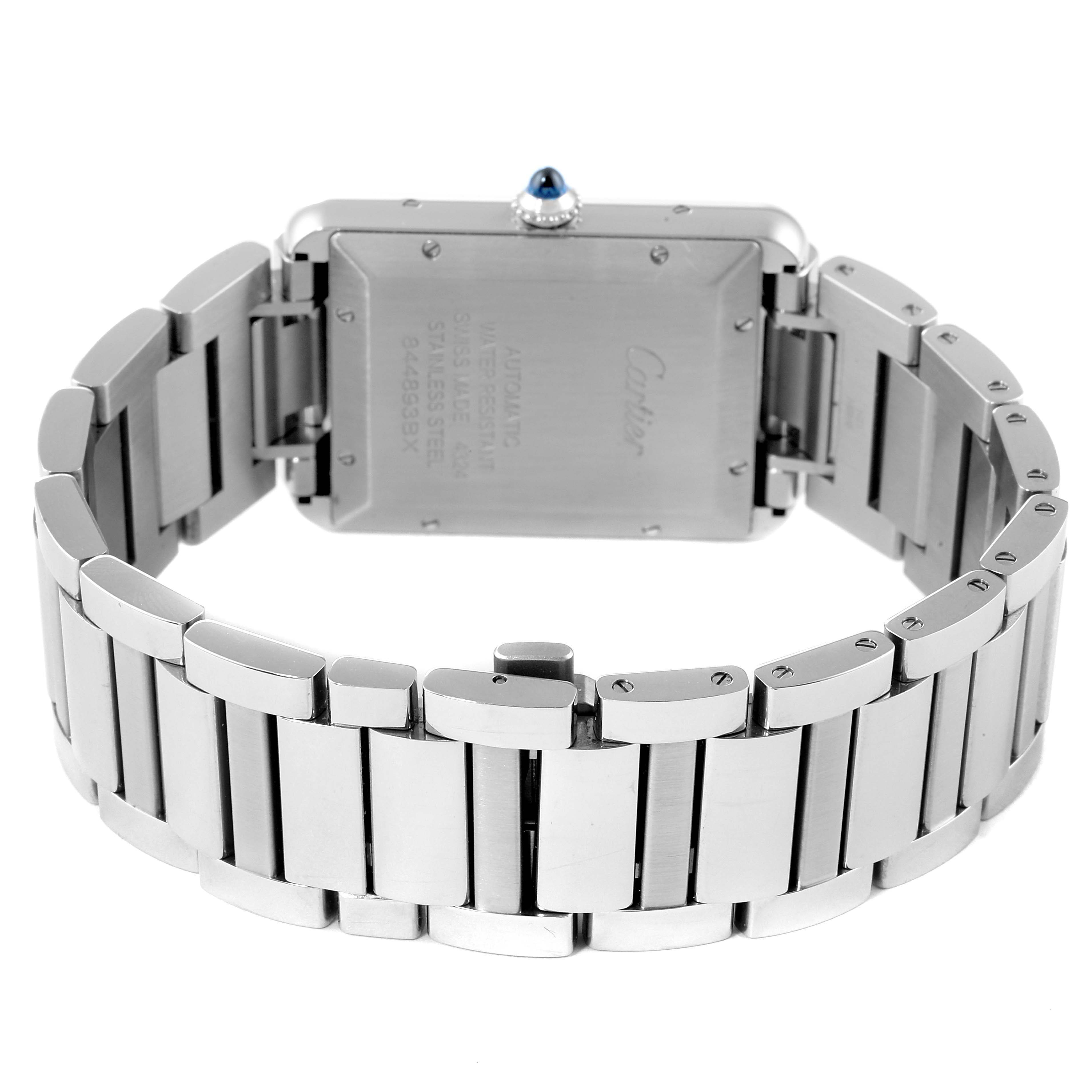 The image shows the back view of the Cartier Tank Must WSTA0053 Men's Stainless Steel Silver Dial WSTA0053 Men's Stainless Steel Silver Dial watch with a stainless steel bracelet.