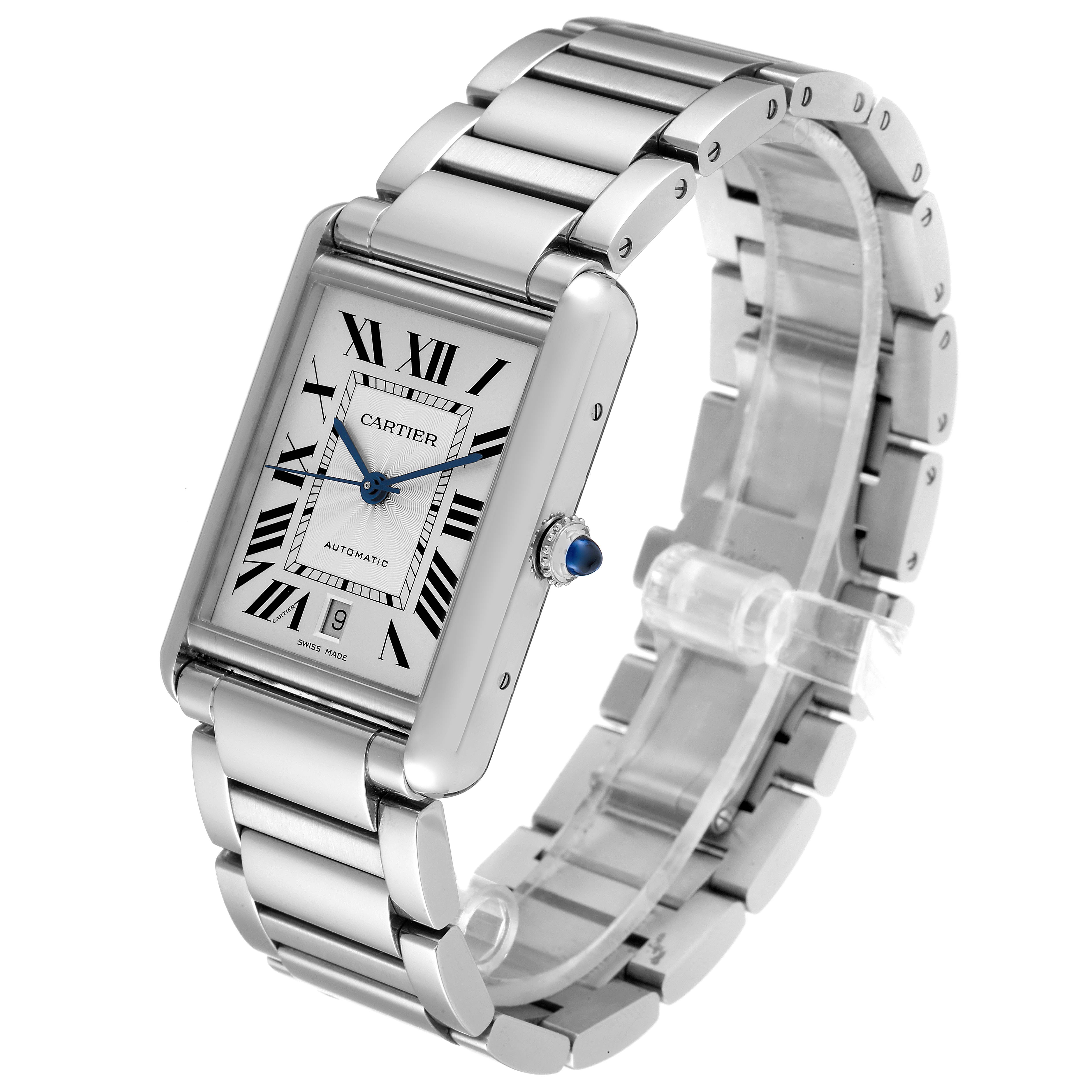 This image displays a Cartier Tank Must WSTA0053 Men's Stainless Steel Silver Dial WSTA0053 Men's Stainless Steel Silver Dial watch at a three-quarter angle, showcasing the face, bracelet, and crown detail.