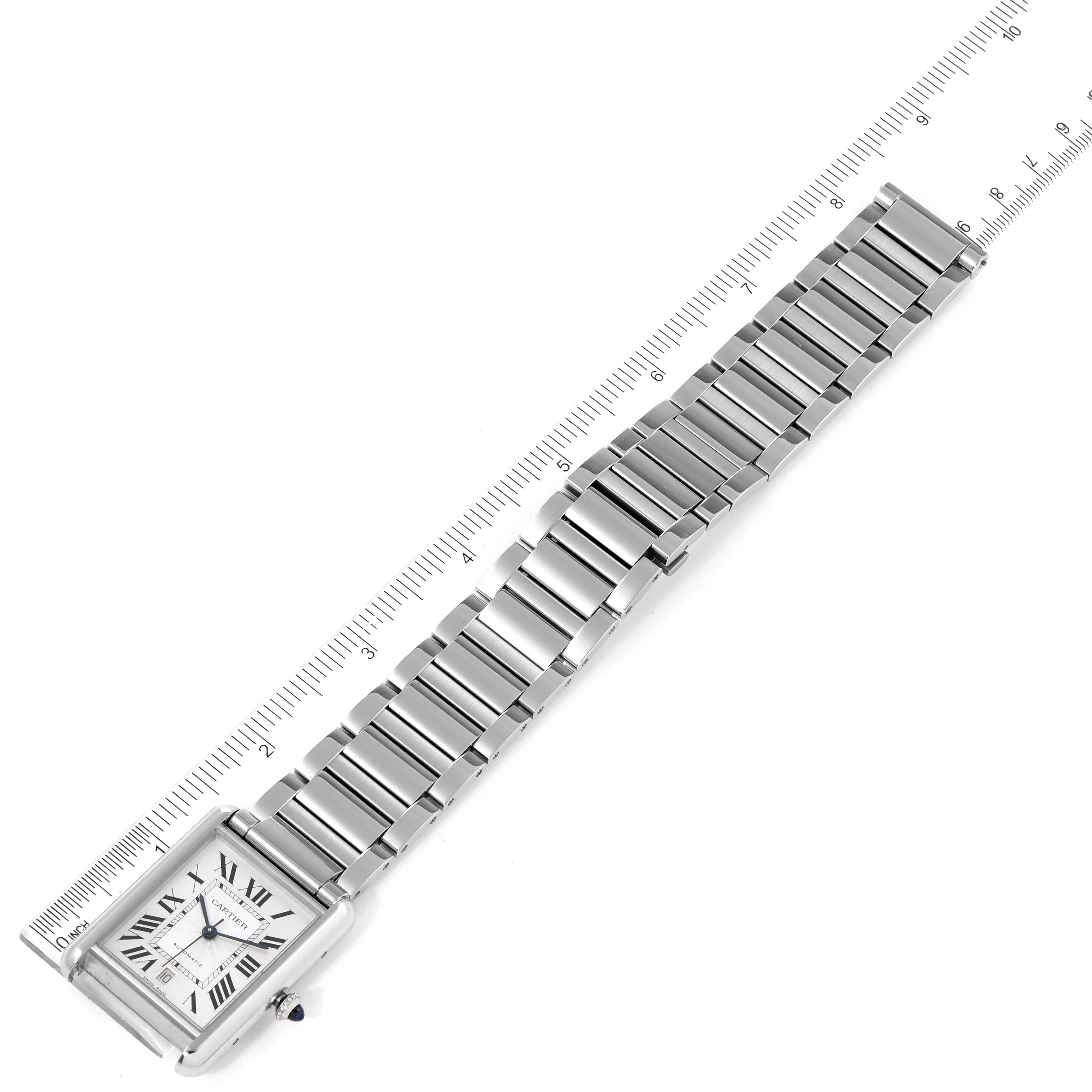 The image shows a top-down view of the Cartier Tank Must WSTA0053 Men's Stainless Steel Silver Dial WSTA0053 Men's Stainless Steel Silver Dial watch, including the face and metal bracelet.