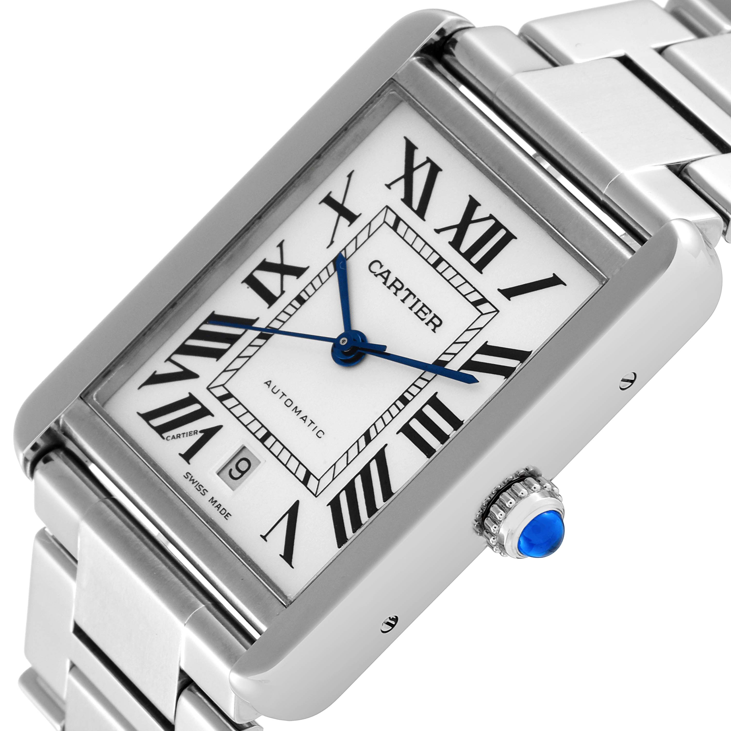 The image shows a Cartier Tank Solo W5200028 Men's Stainless Steel Silver Dial W5200028 Men's Stainless Steel Silver Dial watch from an angled view, highlighting the dial, crown, and part of the metal bracelet.