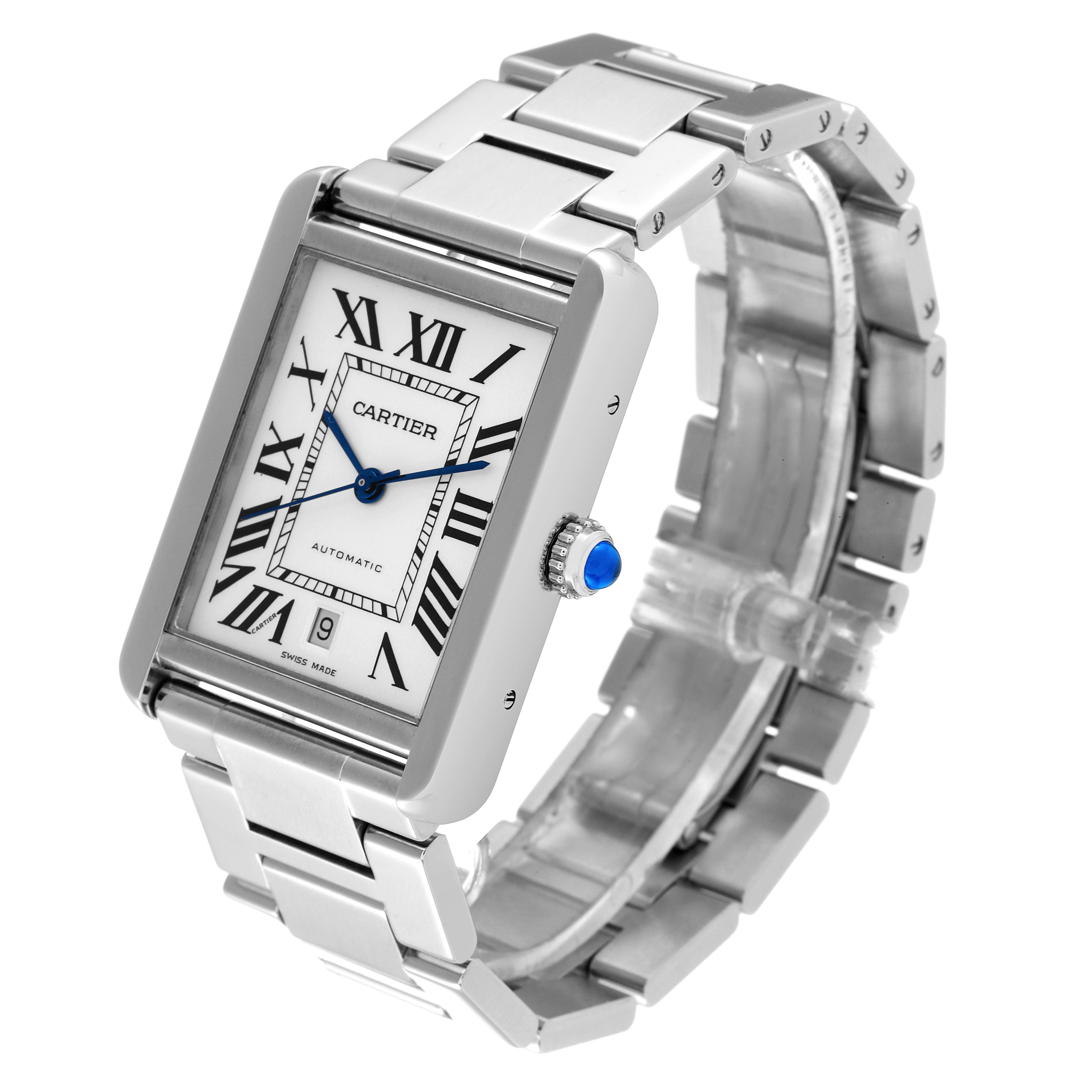 The image shows a Cartier Tank Solo W5200028 Men's Stainless Steel Silver Dial W5200028 Men's Stainless Steel Silver Dial watch at an angle displaying its rectangular face, Roman numerals, and metal bracelet.