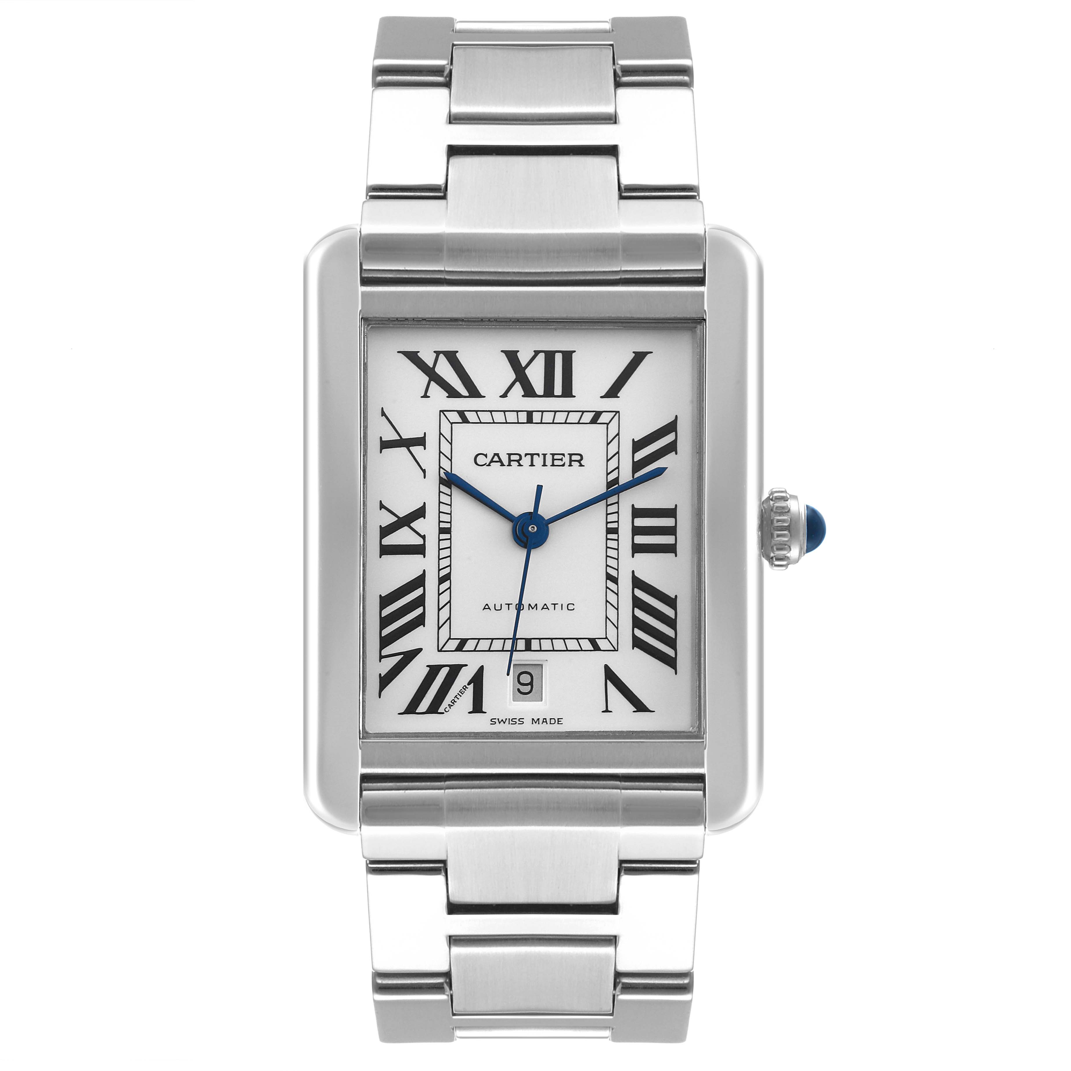 The image shows a front view of the Cartier Tank Solo W5200028 Men's Stainless Steel Silver Dial W5200028 Men's Stainless Steel Silver Dial watch, displaying its dial, blue hands, Roman numerals, and metal bracelet.