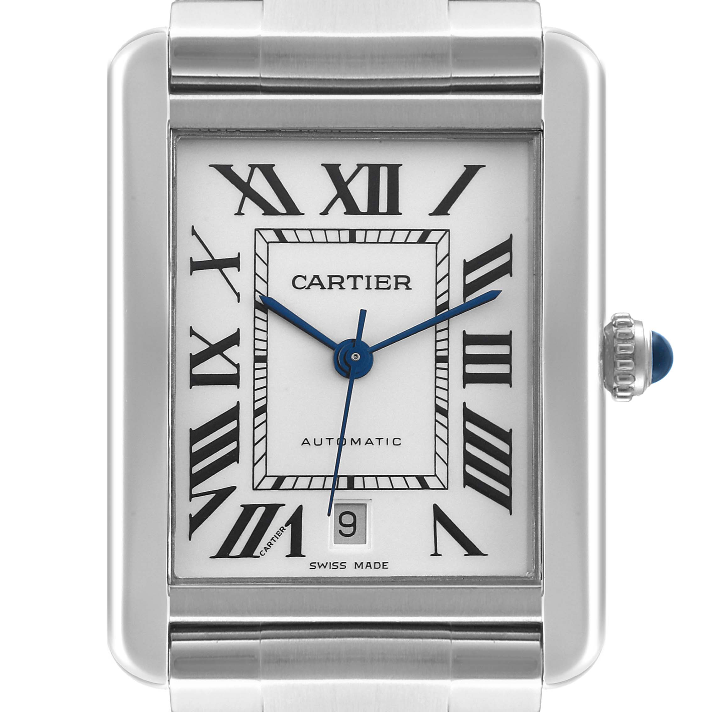Front view of a Cartier Tank Solo W5200028 Men's Stainless Steel Silver Dial W5200028 Men's Stainless Steel Silver Dial watch showing the Roman numeral dial, blue hands, date window, and crown with a blue cabochon.