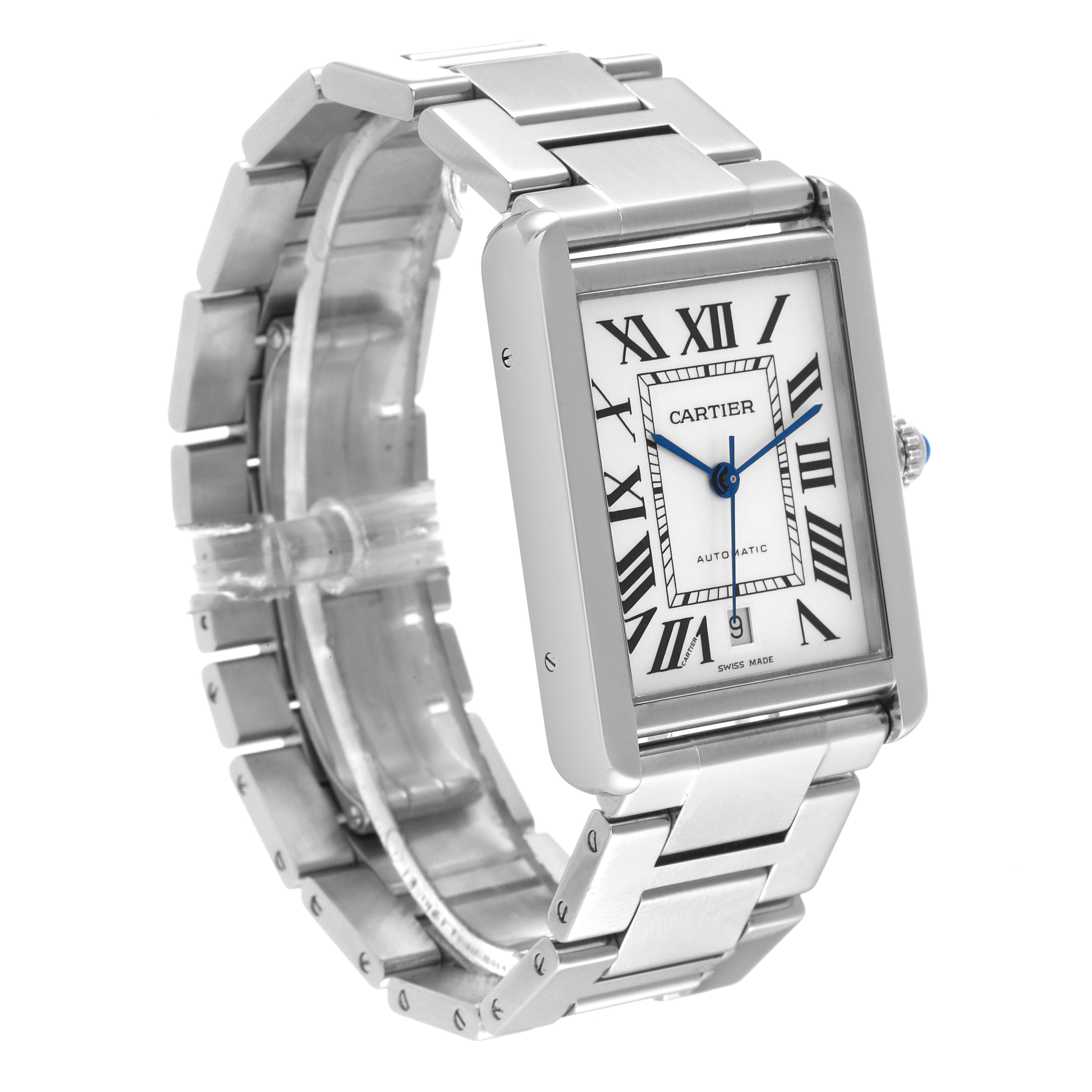 The image shows the Cartier Tank Solo W5200028 Men's Stainless Steel Silver Dial W5200028 Men's Stainless Steel Silver Dial watch from a three-quarter angle, highlighting its face, stainless steel bracelet, and crown.