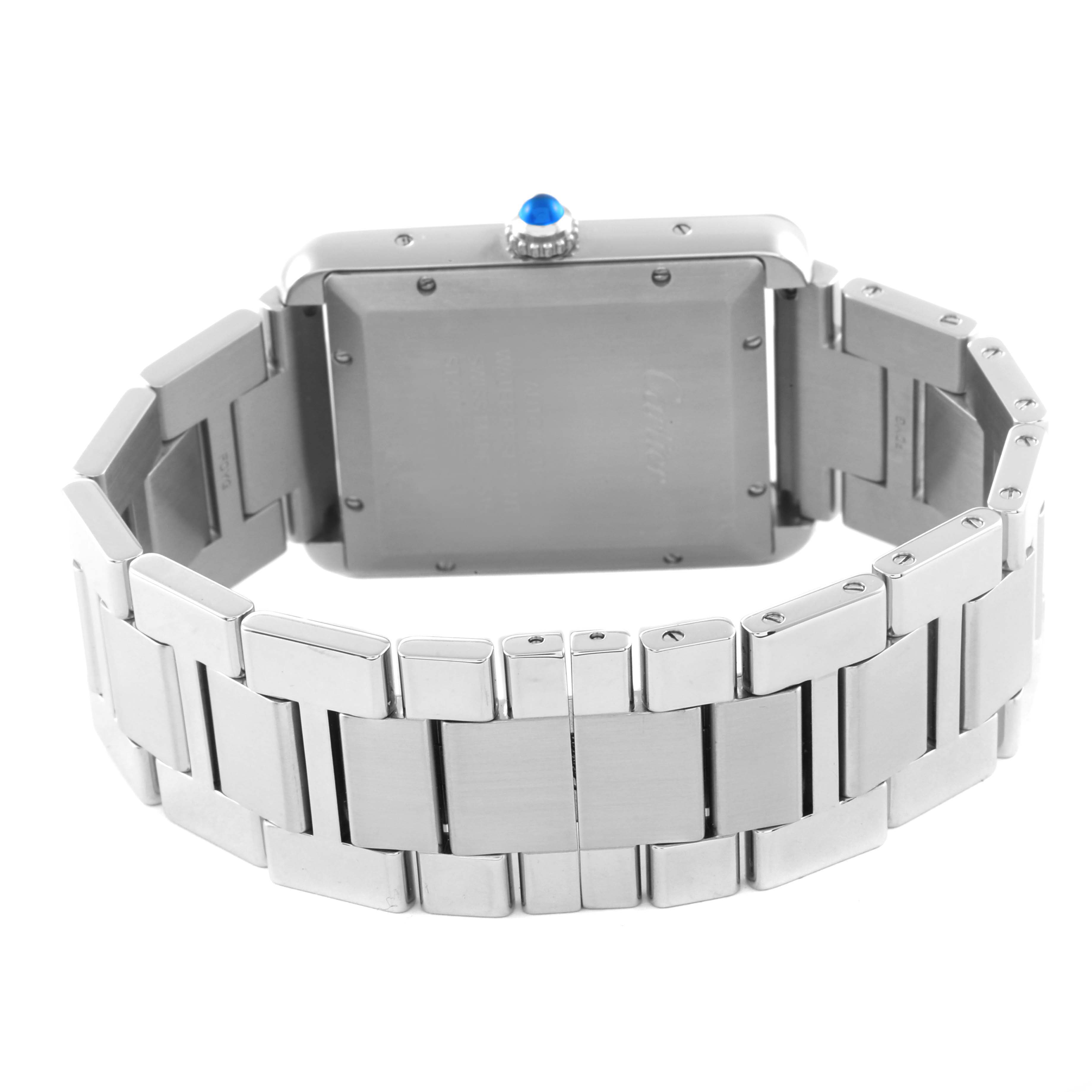 The image shows the rear view of the Cartier Tank Solo W5200028 Men's Stainless Steel Silver Dial W5200028 Men's Stainless Steel Silver Dial watch, highlighting its stainless steel bracelet and back case.