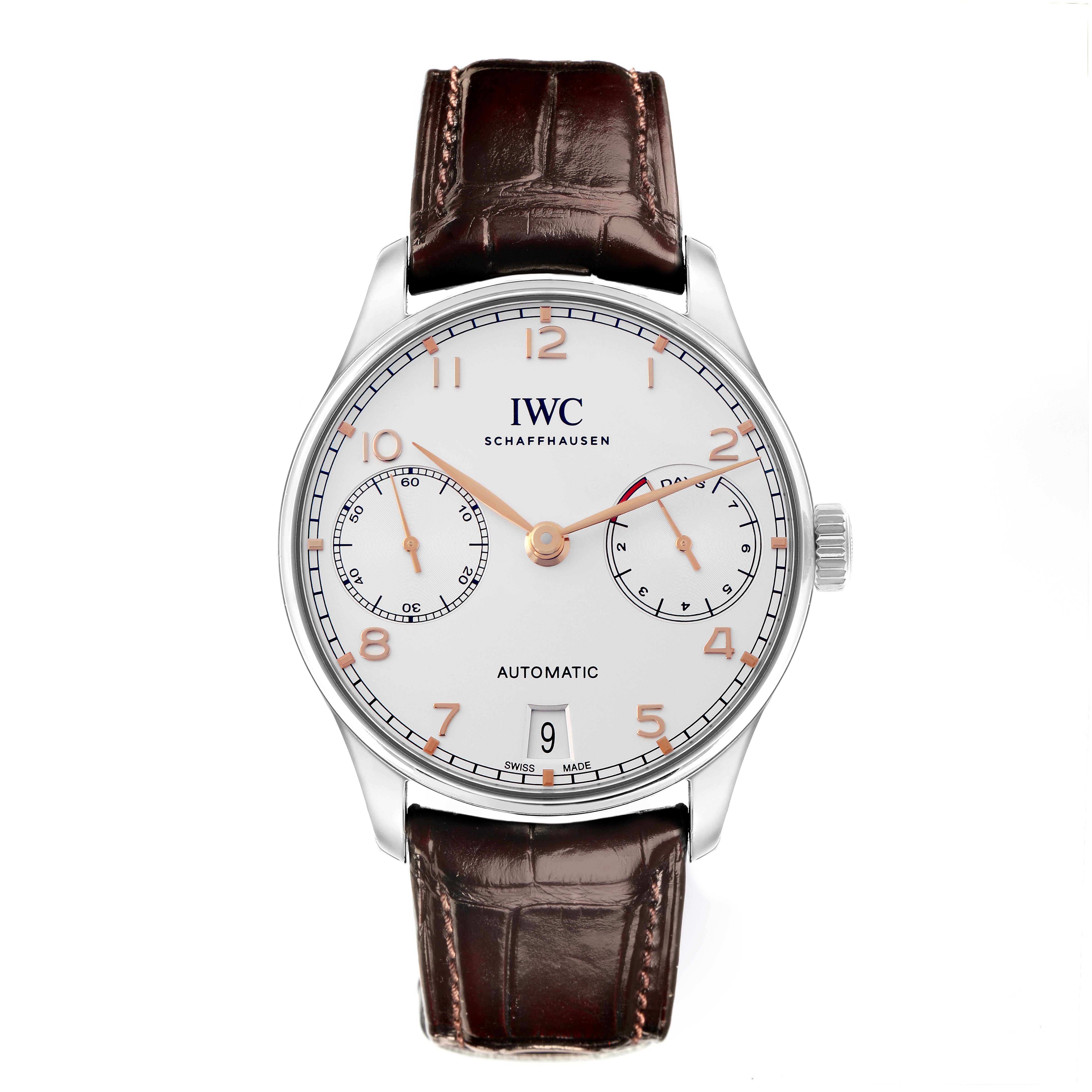 The IWC Portuguese IW500704 Men's Stainless Steel Silver Dial IW500704 Men's Stainless Steel Silver Dial watch is shown from a front view, highlighting the dial, hands, subdials, and leather strap.