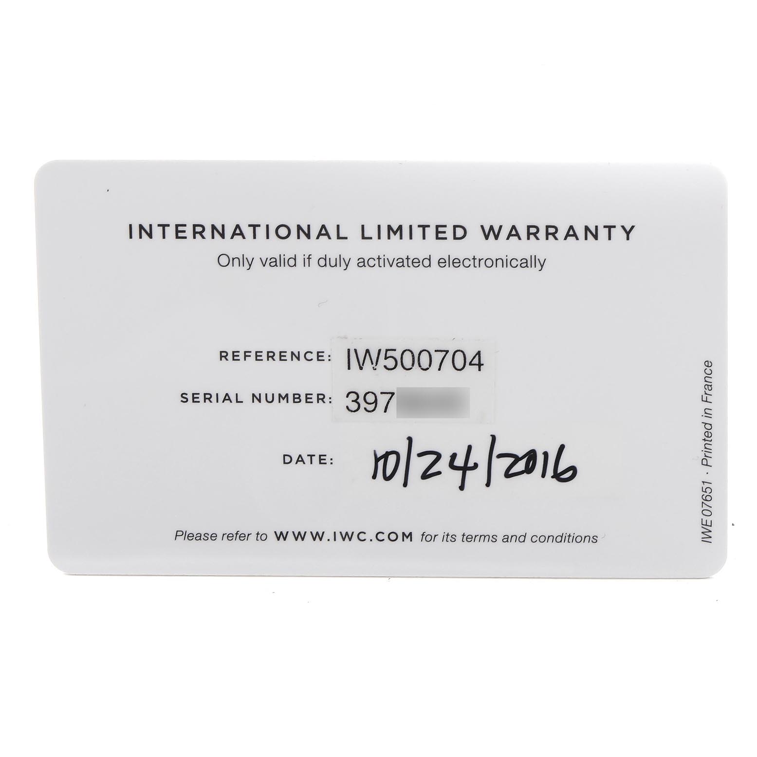 This image shows the warranty card for the IWC Portuguese IW500704 Men's Stainless Steel Silver Dial IW500704 Men's Stainless Steel Silver Dial model watch.