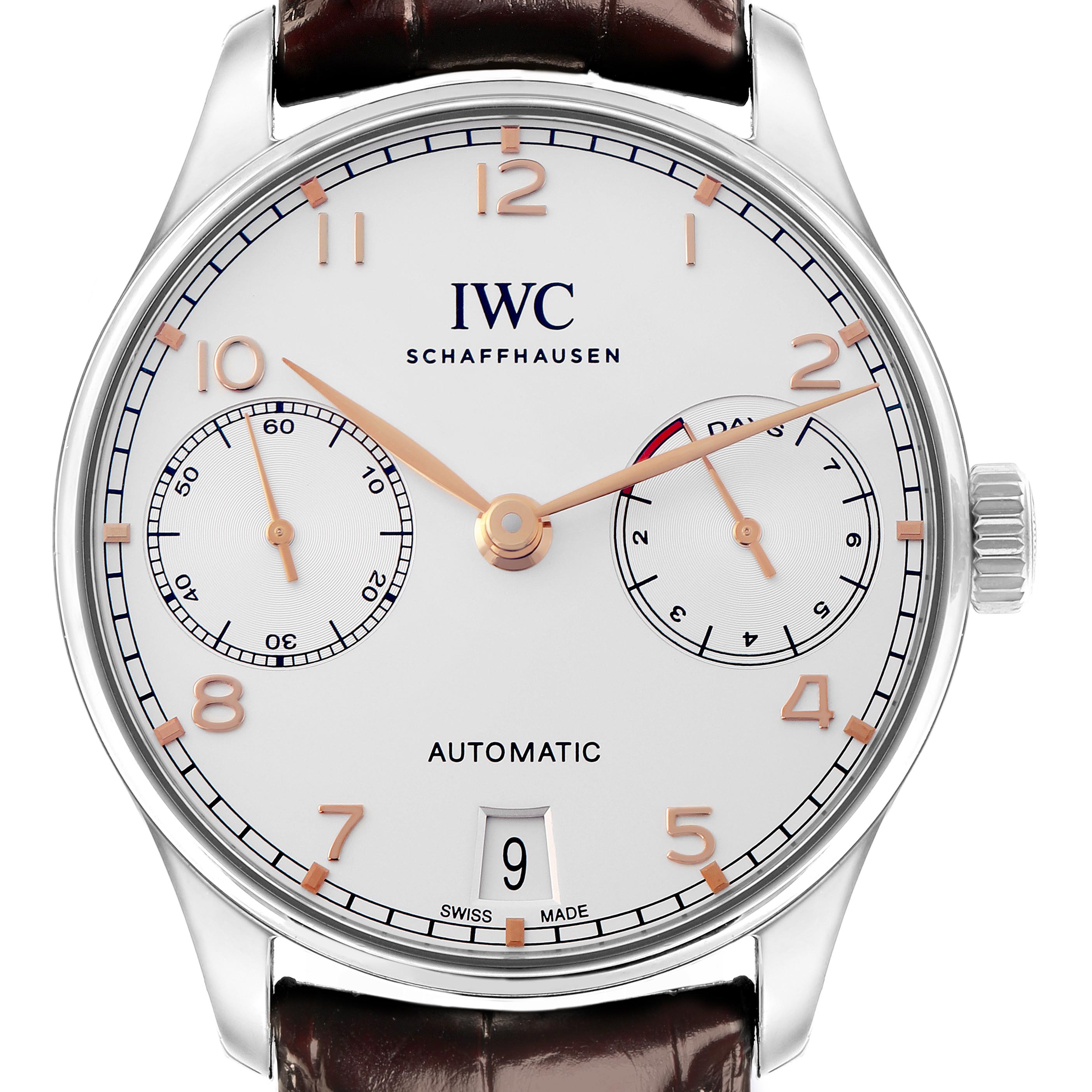 The image shows a front view of the IWC Portuguese IW500704 Men's Stainless Steel Silver Dial IW500704 Men's Stainless Steel Silver Dial watch, highlighting the dial, hands, subdials, crown, and date window.