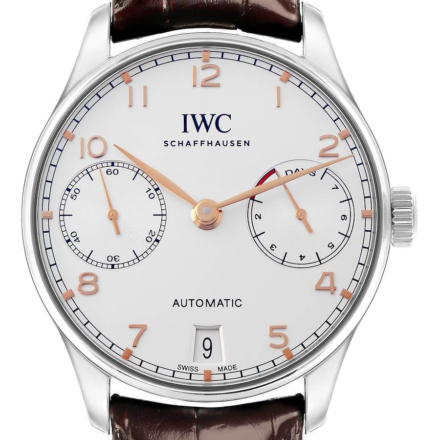 The image shows a front view of the IWC Portuguese watch, highlighting the dial, hands, subdials, crown, and date window.