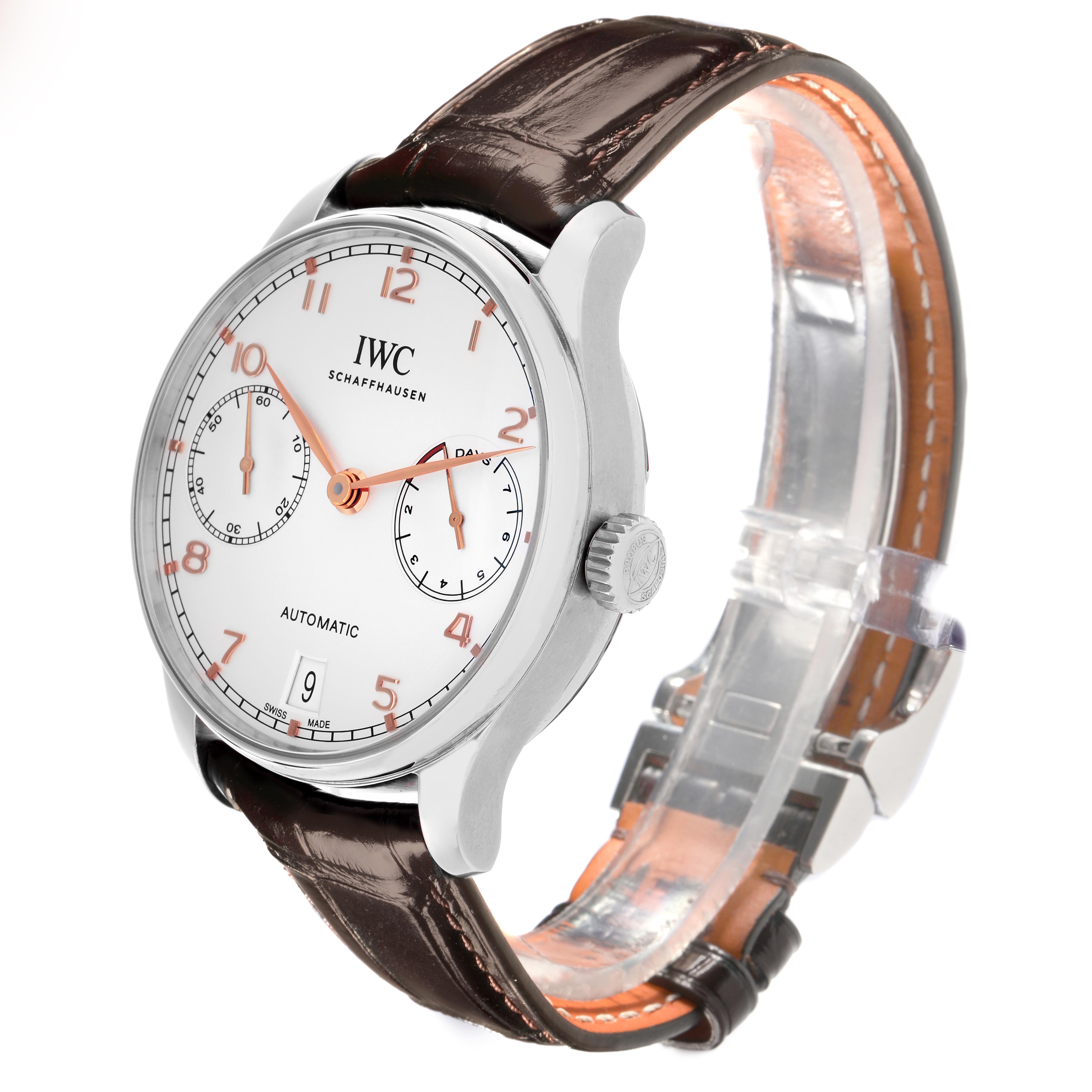 The IWC Portuguese IW500704 Men's Stainless Steel Silver Dial IW500704 Men's Stainless Steel Silver Dial watch is shown at an angle highlighting the face, crown, and part of the leather strap.