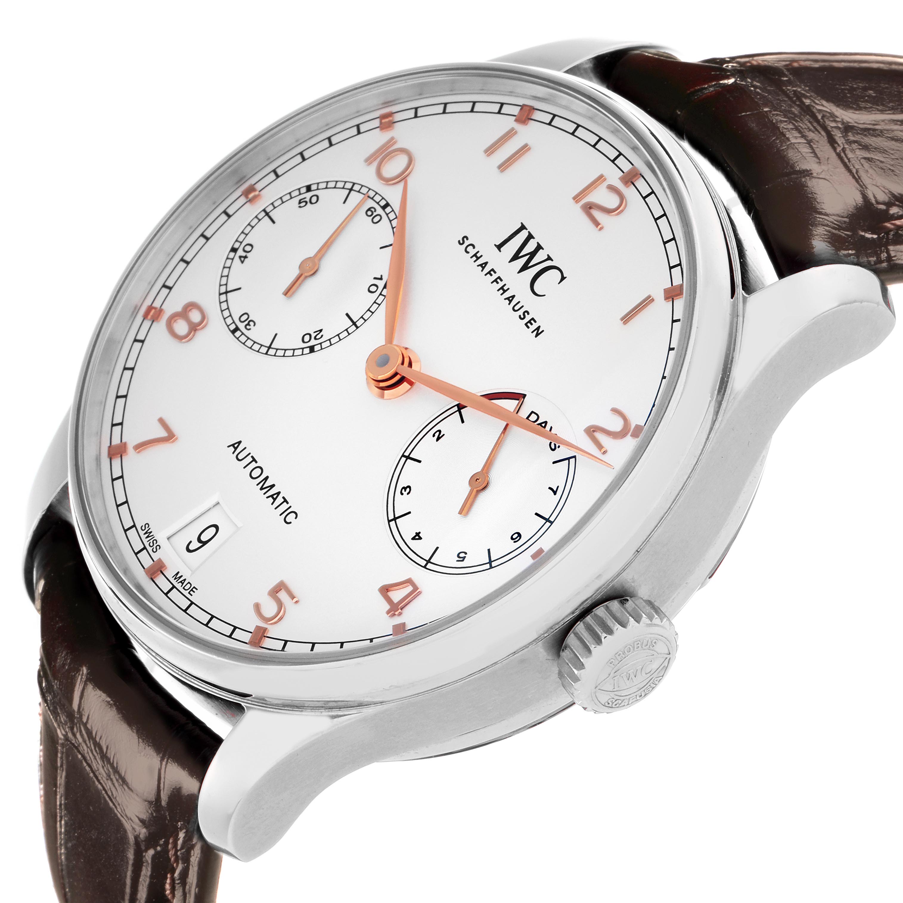 The IWC Portuguese IW500704 Men's Stainless Steel Silver Dial IW500704 Men's Stainless Steel Silver Dial model is shown at an angle highlighting the dial, crown, and part of the strap.