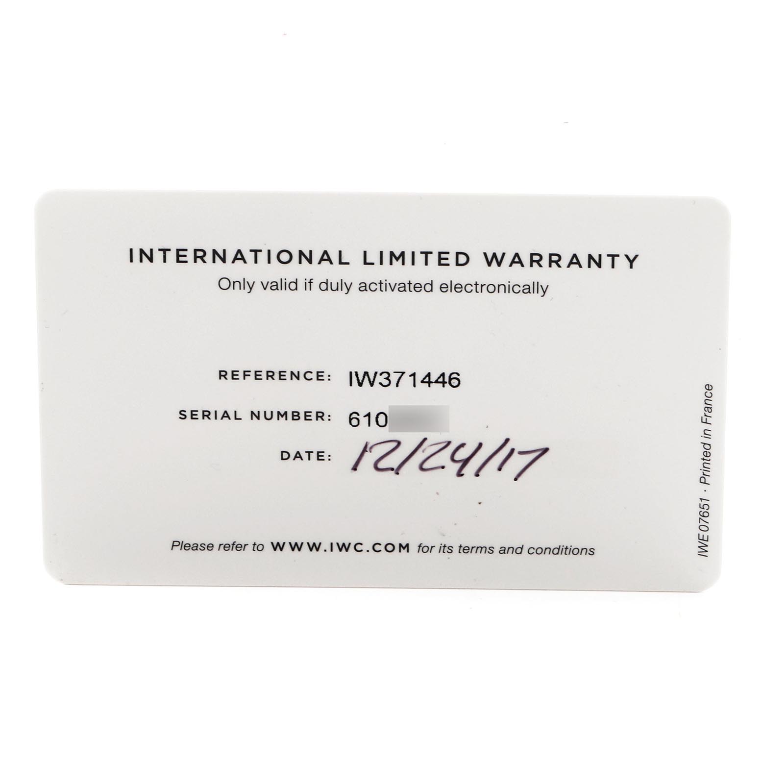 The image shows an IWC Portuguese IW371446 Men's Stainless Steel Silver Dial IW371446 Men's Stainless Steel Silver Dial model's International Limited Warranty card with reference and serial numbers.