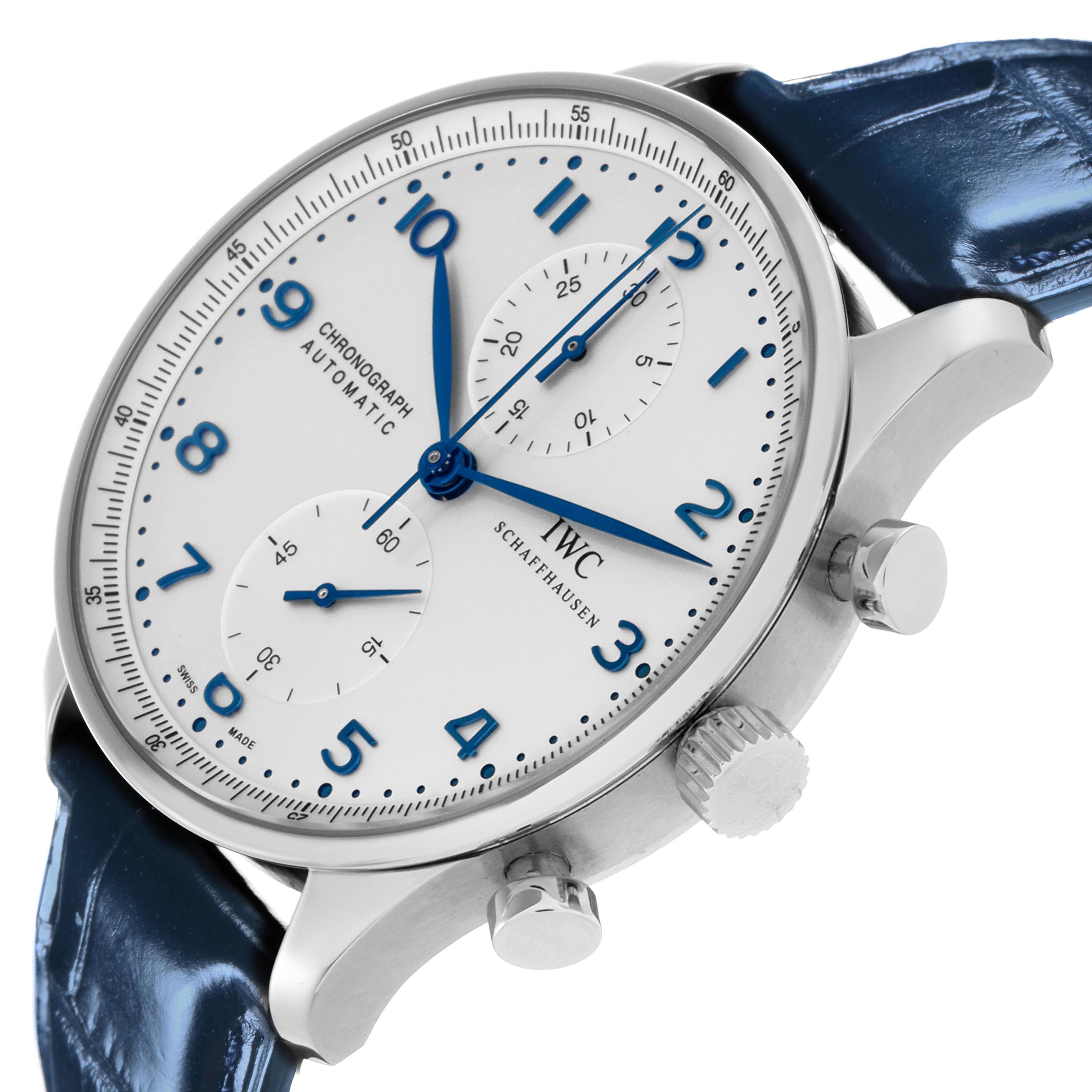 The IWC Portuguese IW371446 Men's Stainless Steel Silver Dial IW371446 Men's Stainless Steel Silver Dial model is shown from a slight angle, highlighting the watch face, chronograph dials, crown, and pushers.