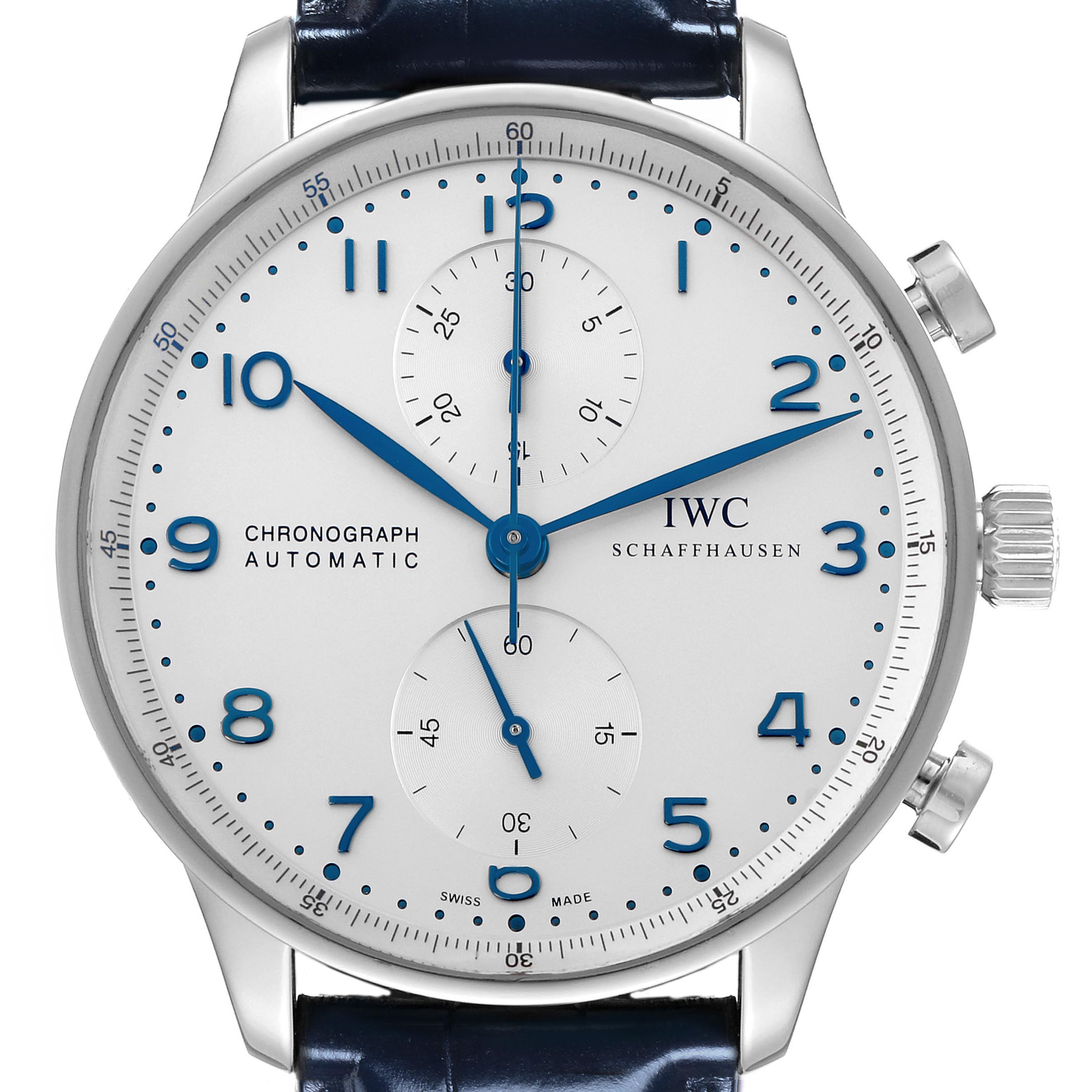 The IWC Portuguese IW371446 Men's Stainless Steel Silver Dial IW371446 Men's Stainless Steel Silver Dial model is shown from the front, highlighting its blue markers, subdials, and crown.