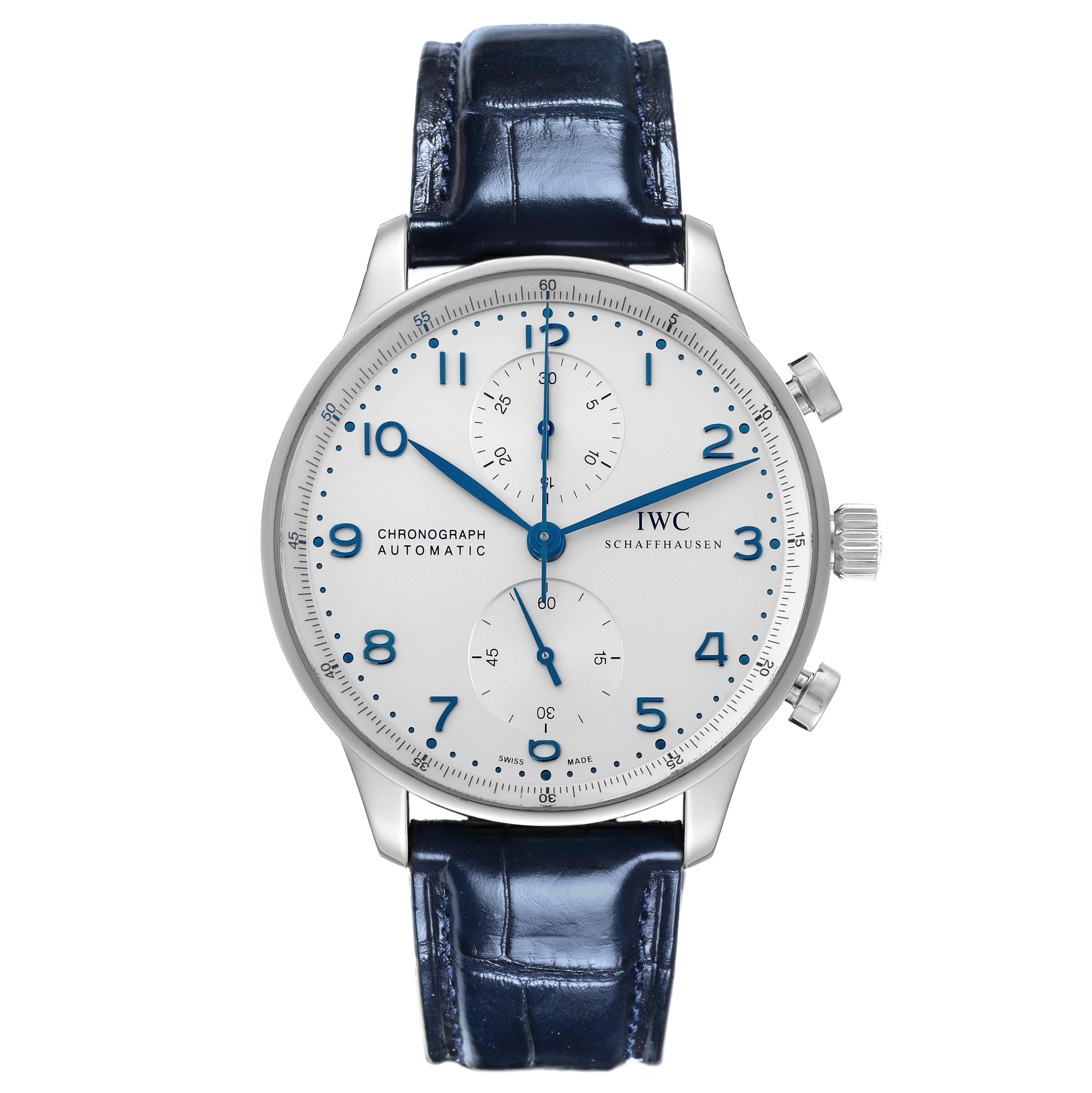 The IWC Portuguese IW371446 Men's Stainless Steel Silver Dial IW371446 Men's Stainless Steel Silver Dial watch is shown from a front angle, displaying the face, case, and leather strap.