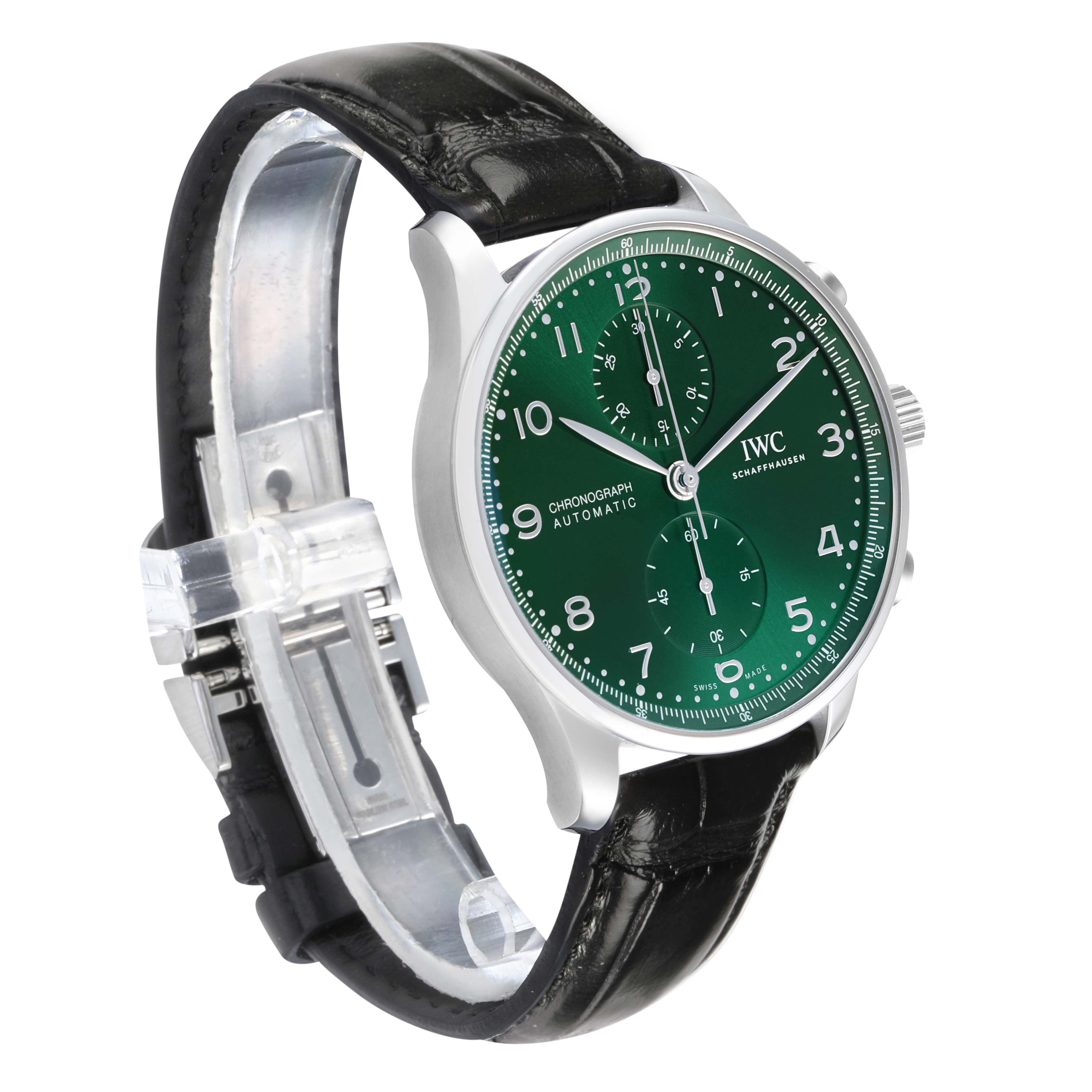 The IWC Portuguese IW371615 Men's Stainless Steel Green Dial watch is shown at a side angle, highlighting the green dial, subdials, case, and black leather strap.